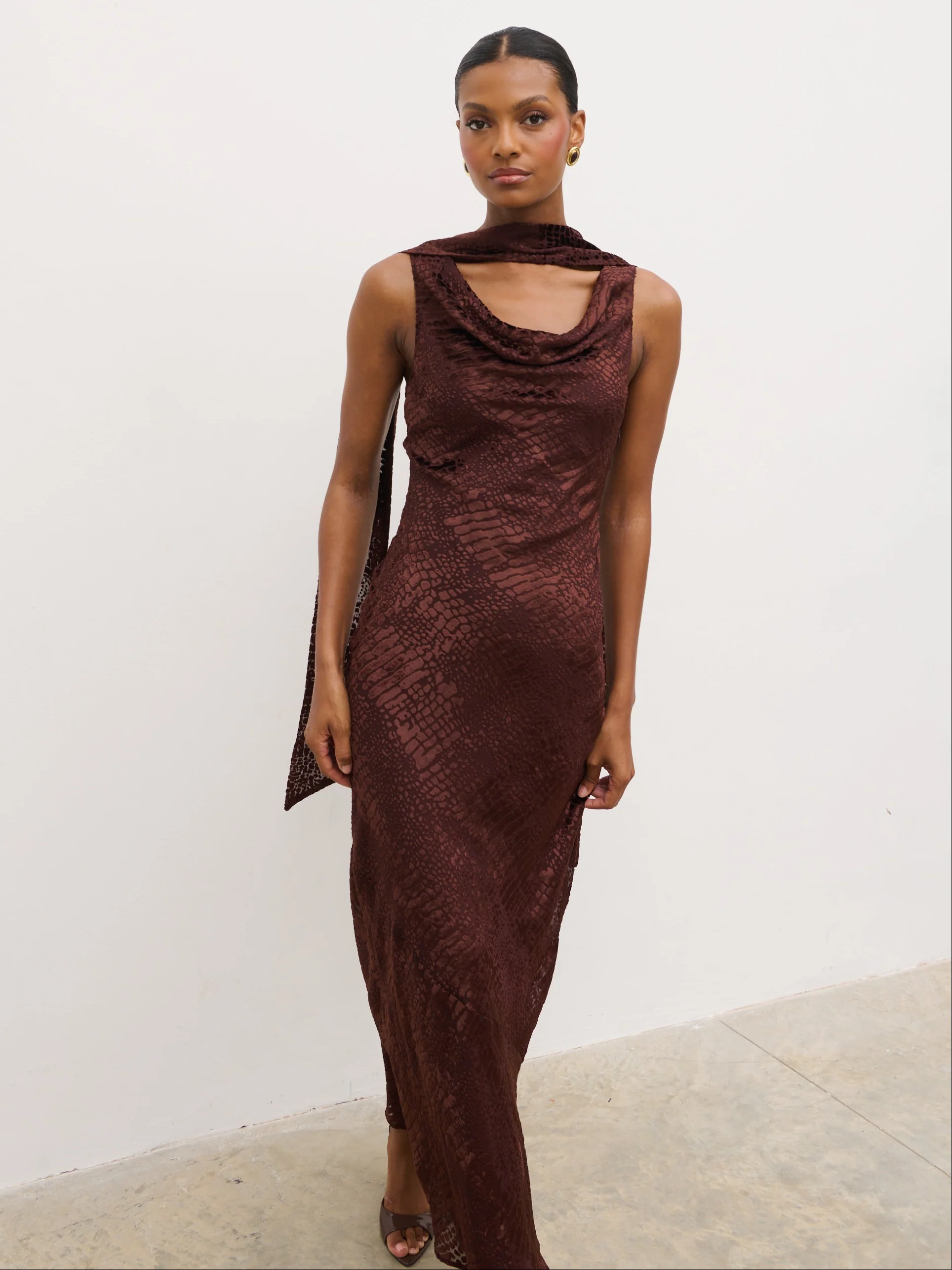 Ainsley Cowl Devore Neck Maxi Slip - Brown - Image 4