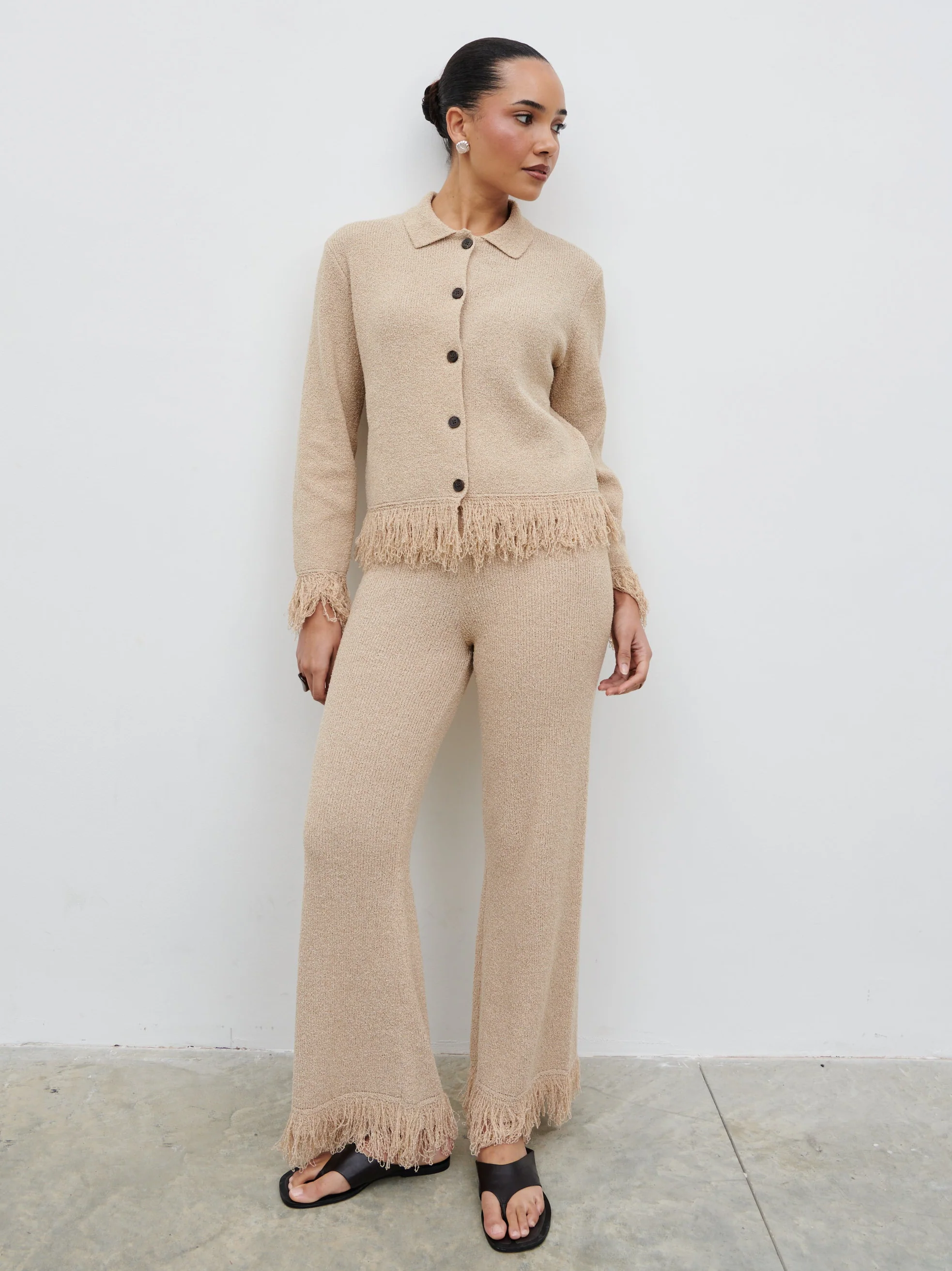 Analeia Fringe Knit Cardigan - Beige - Image 3