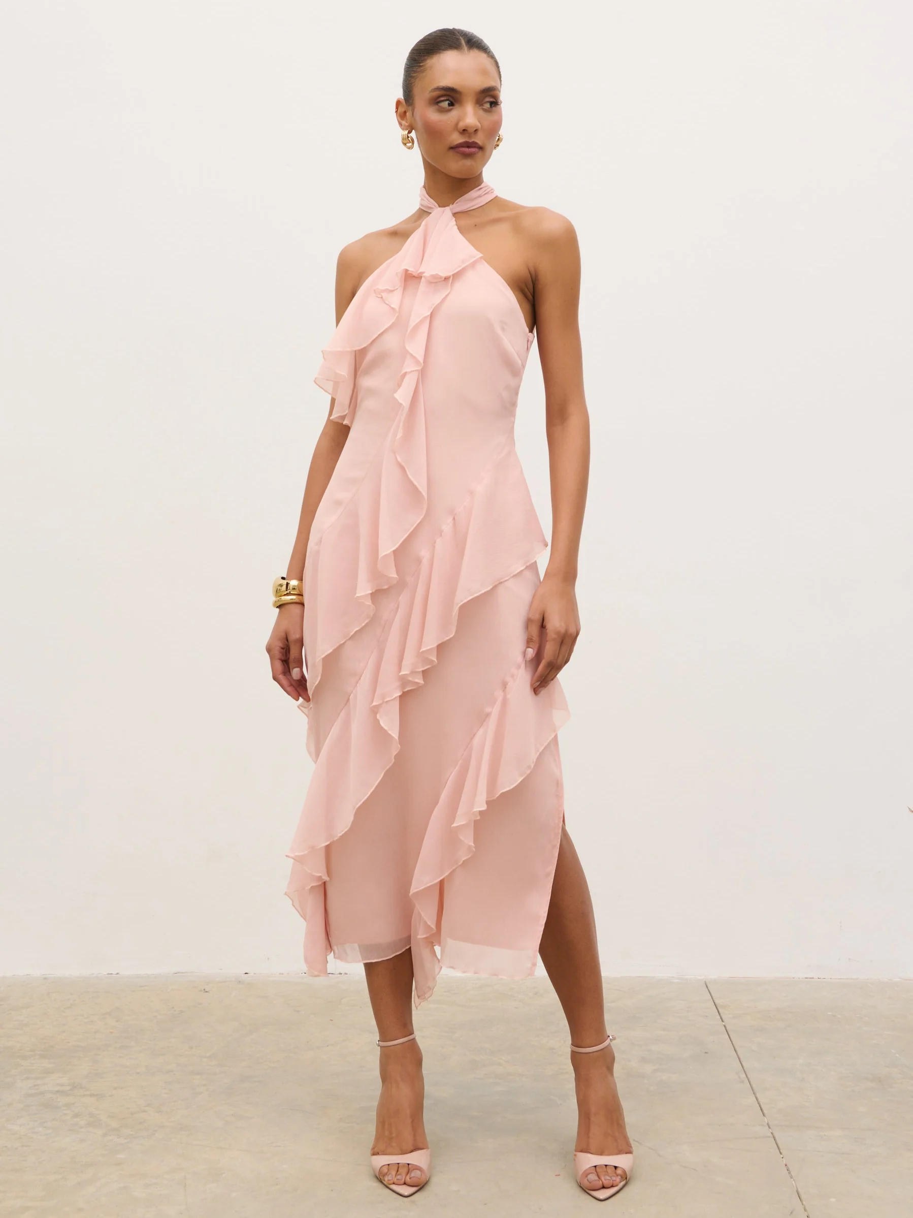 Aria Halterneck Ruffle Midaxi Dress - Dusty Rose - Image 2