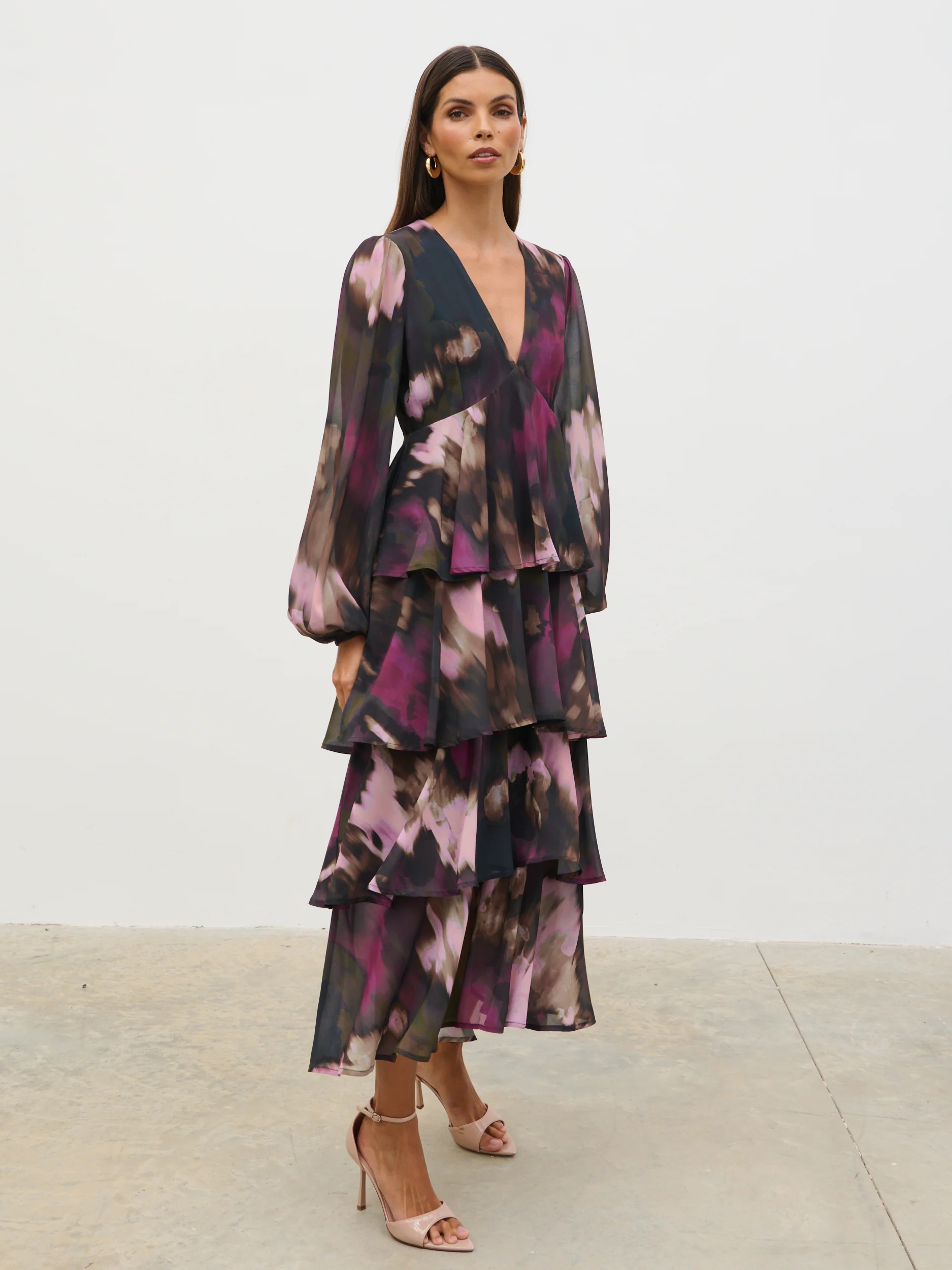 Ashton Ruffle Midi Dress - Purple and Khaki Ombre