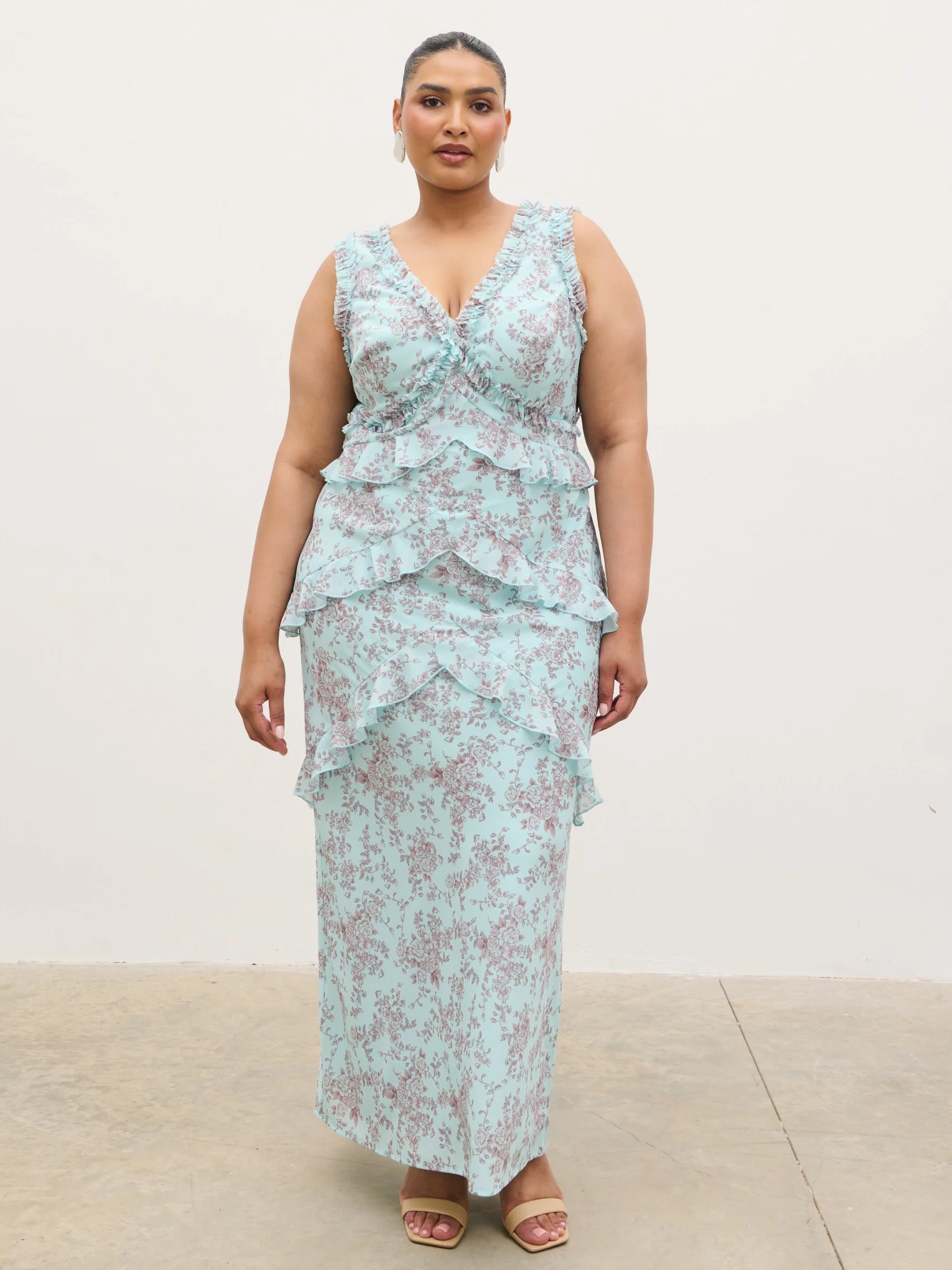 Aurelia Ruffle Maxi Dress Curve - Seaspray and Brown Floral