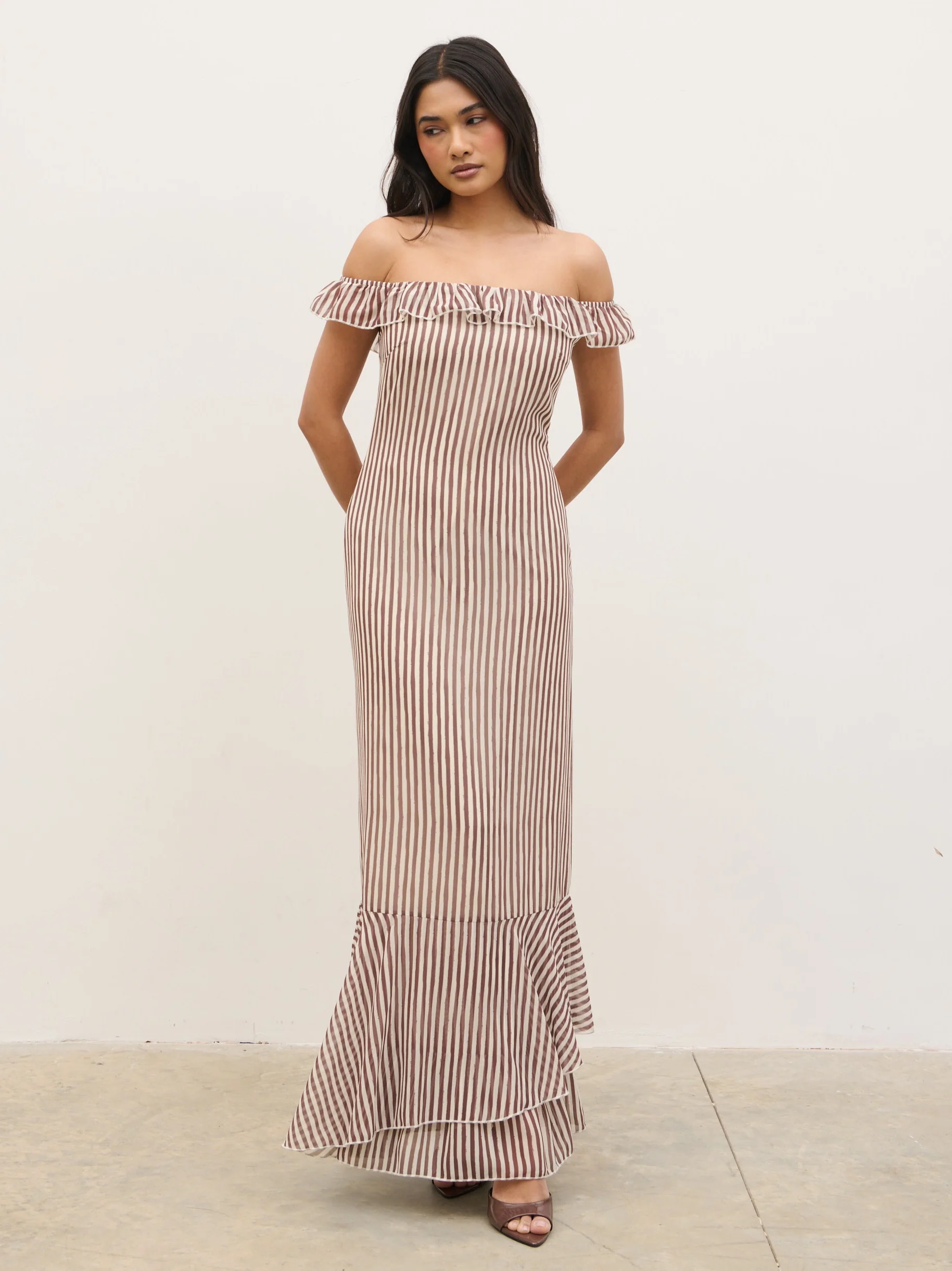 Aveline Bardot Maxi Dress - Brown and Cream Stripe