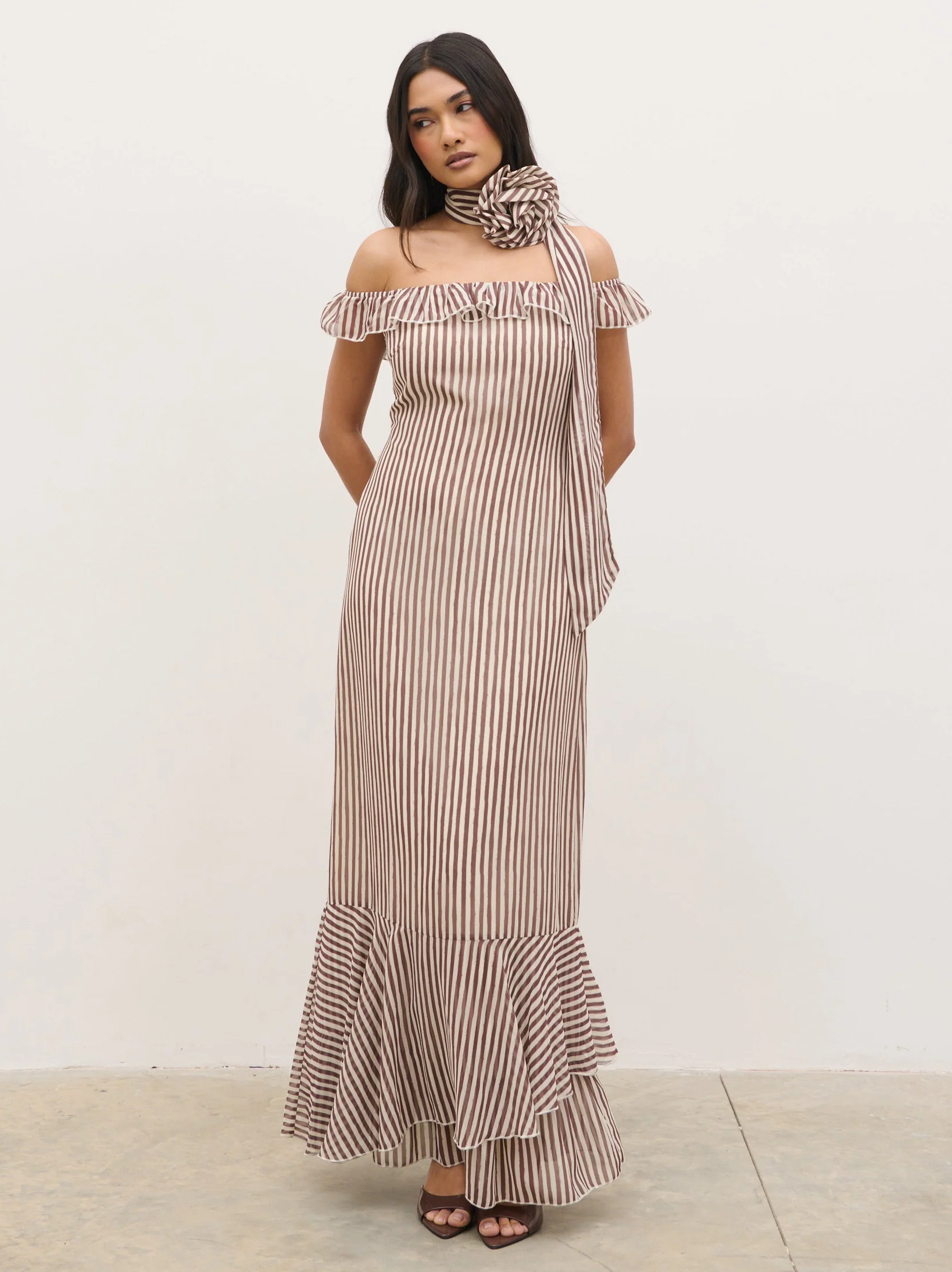 Aveline Bardot Maxi Dress - Brown and Cream Stripe - Image 2
