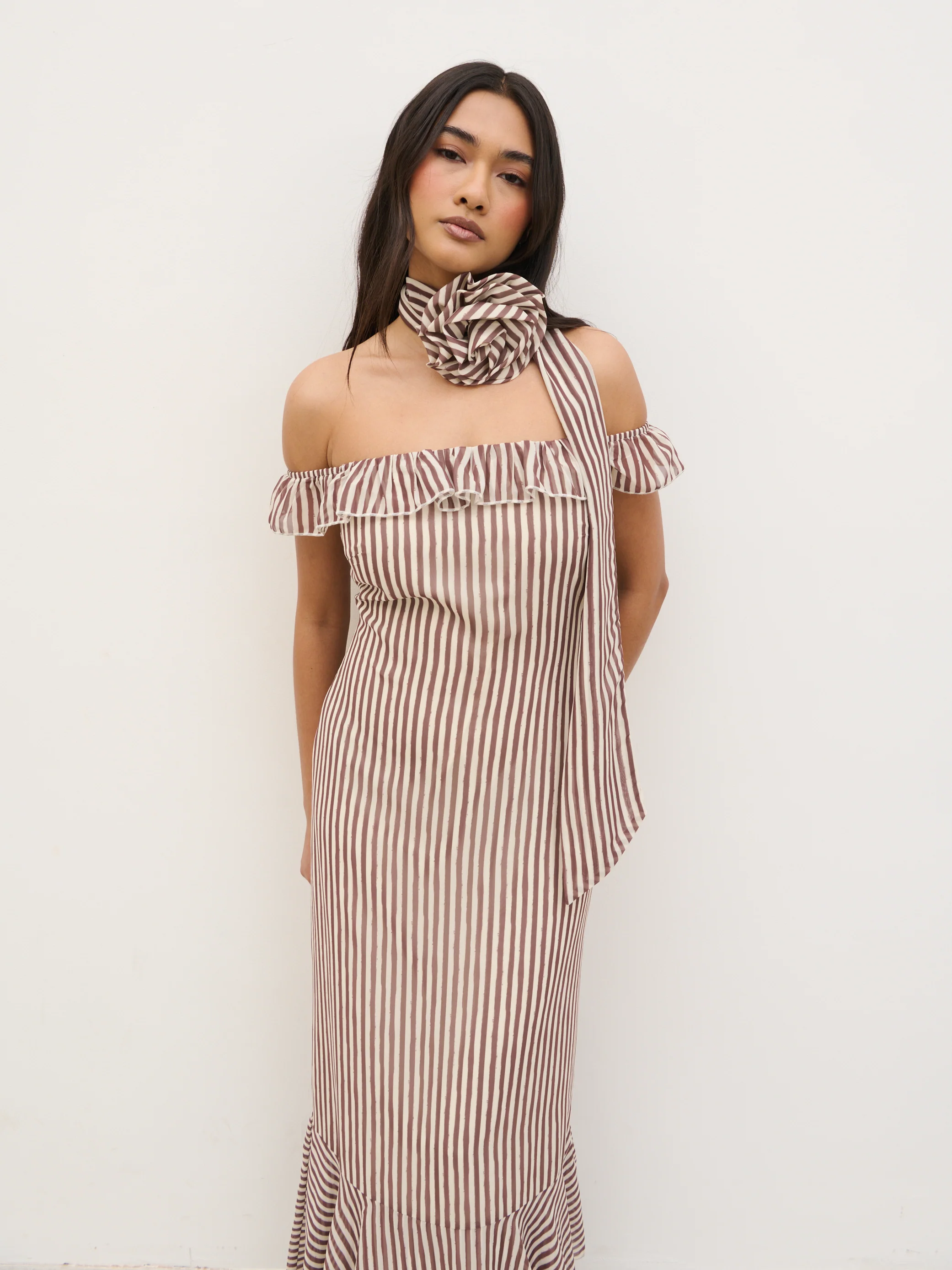 Aveline Bardot Maxi Dress - Brown and Cream Stripe - Image 3