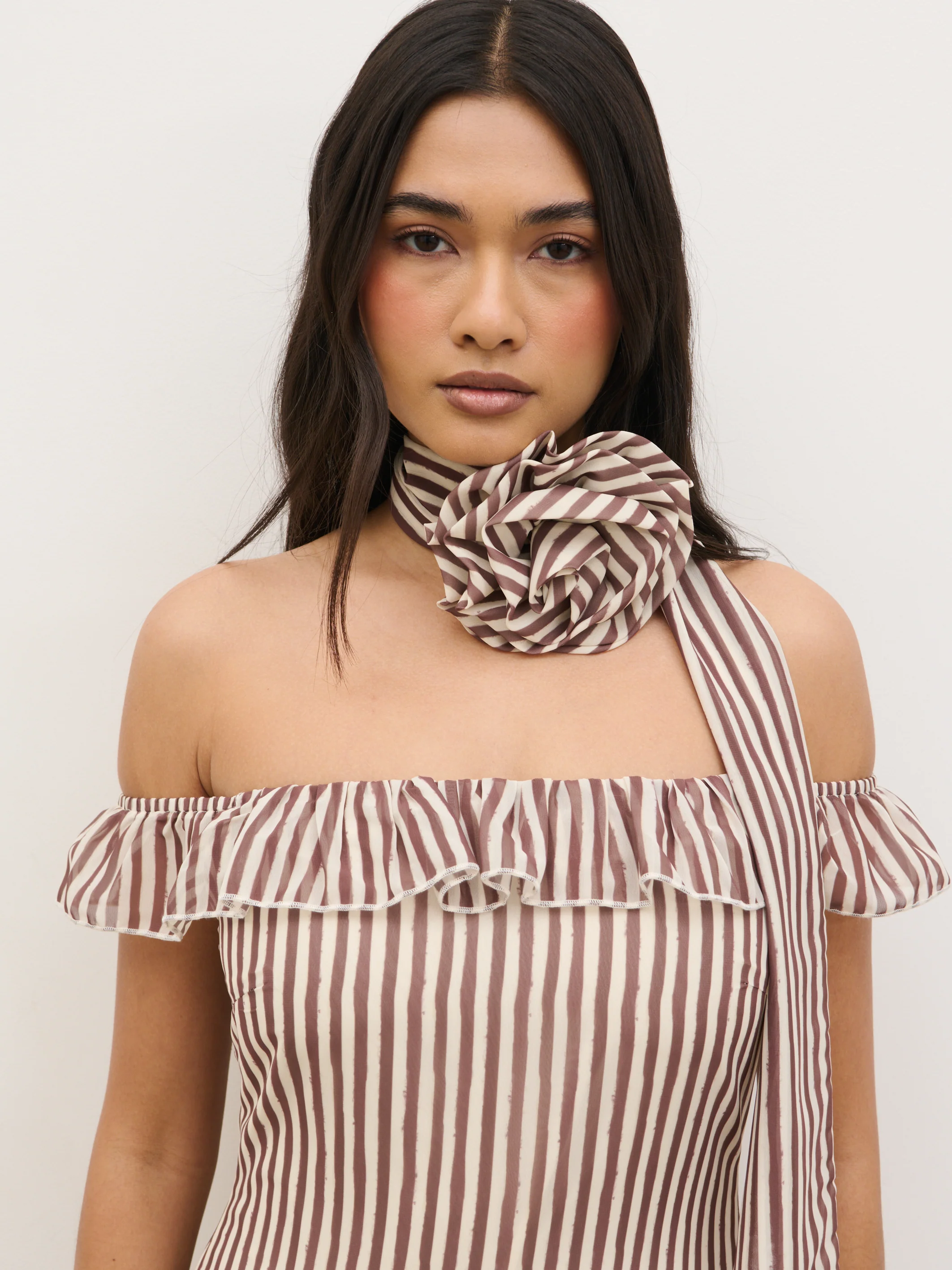 Aveline Bardot Maxi Dress - Brown and Cream Stripe - Image 4