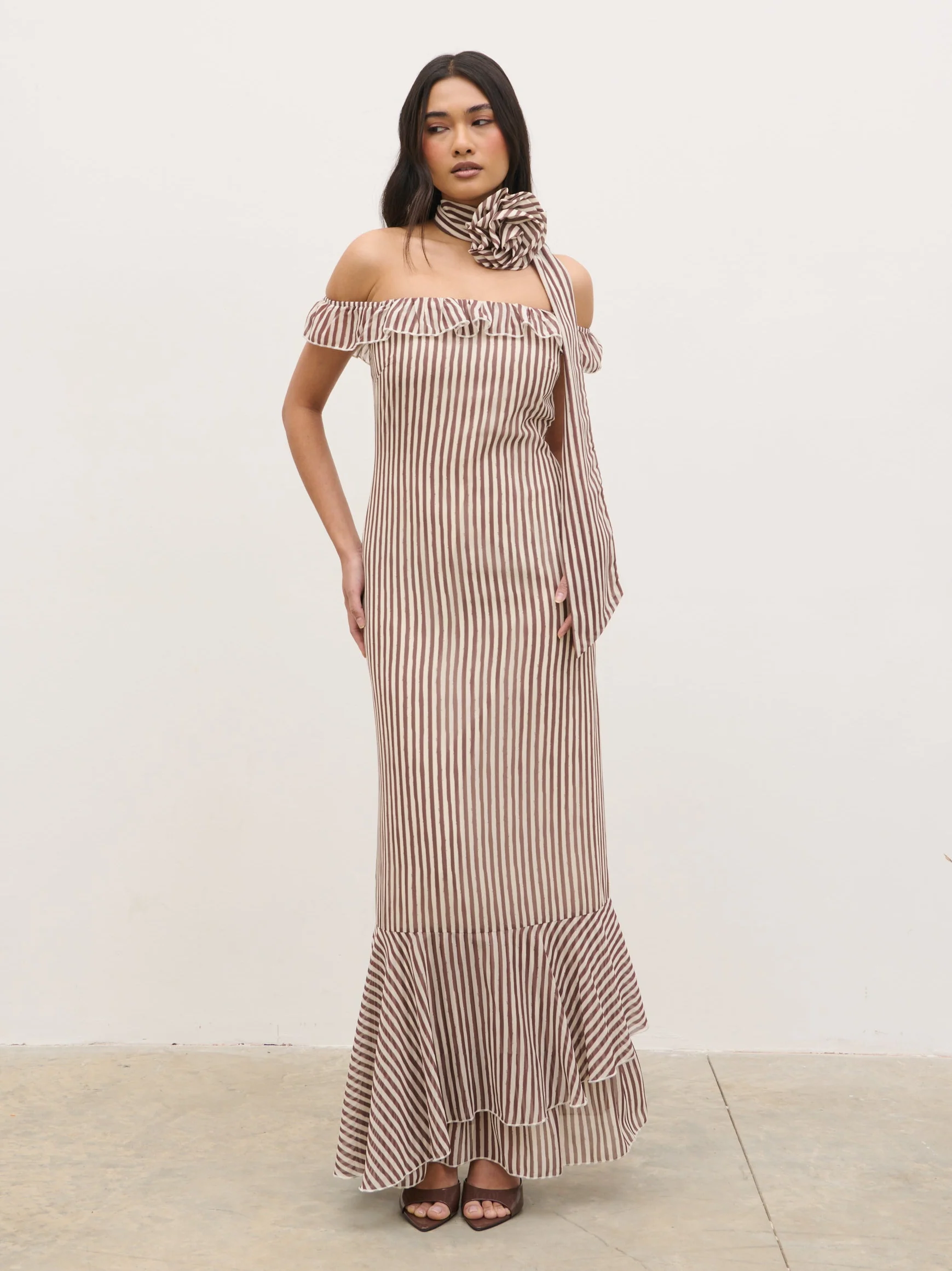 Aveline Bardot Maxi Dress - Brown and Cream Stripe - Image 5