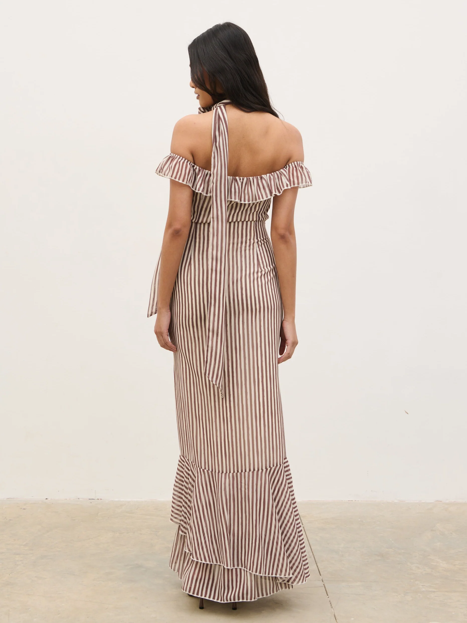 Aveline Bardot Maxi Dress - Brown and Cream Stripe - Image 6