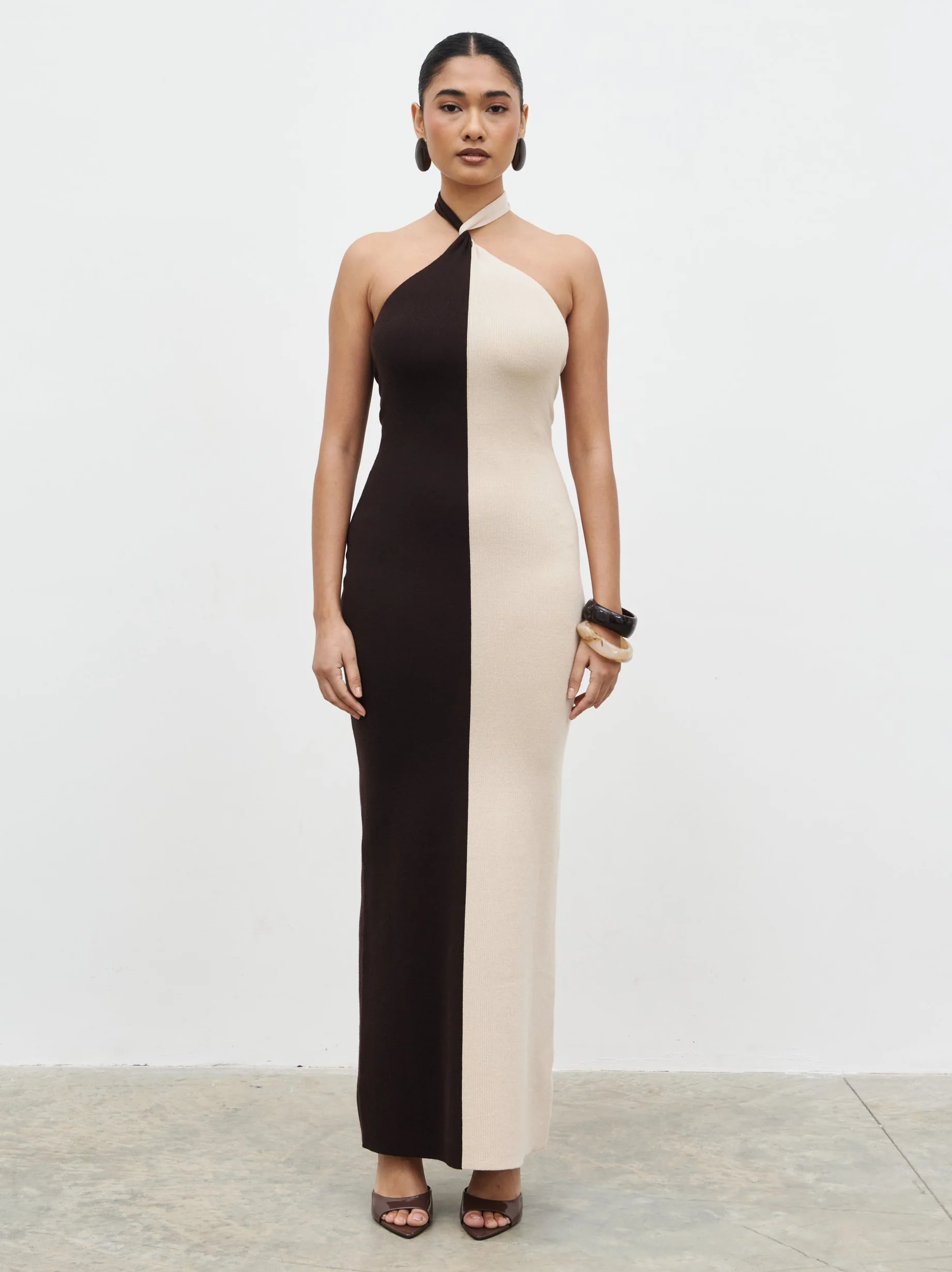 Berkley Contrast Knit Maxi Dress - Beige and Chocolate Brown
