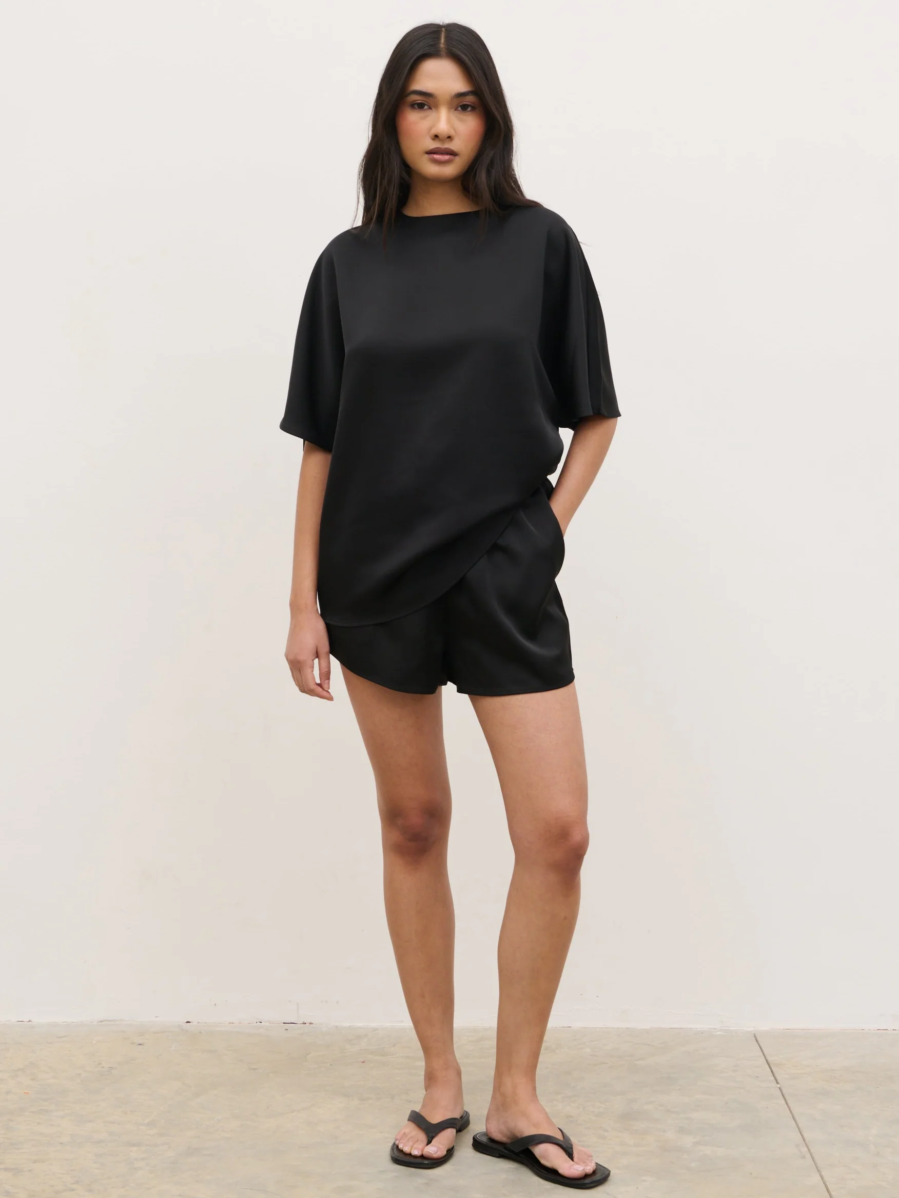 Breya Boxy Satin T-Shirt - Black - Image 4