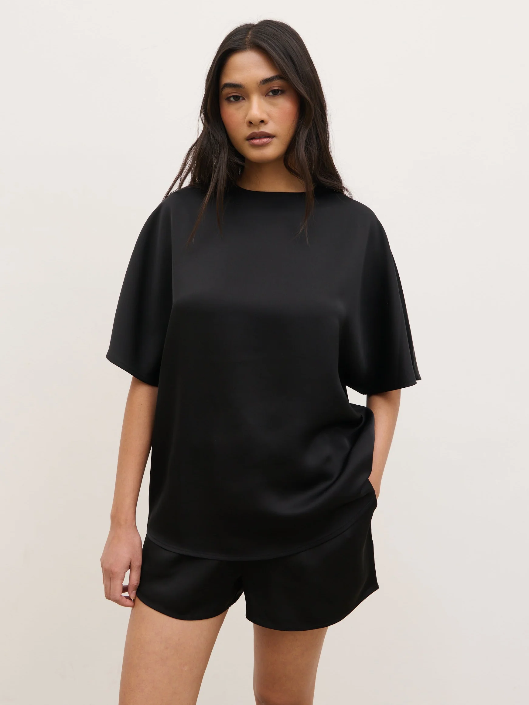 Breya Boxy Satin T-Shirt - Black - Image 5