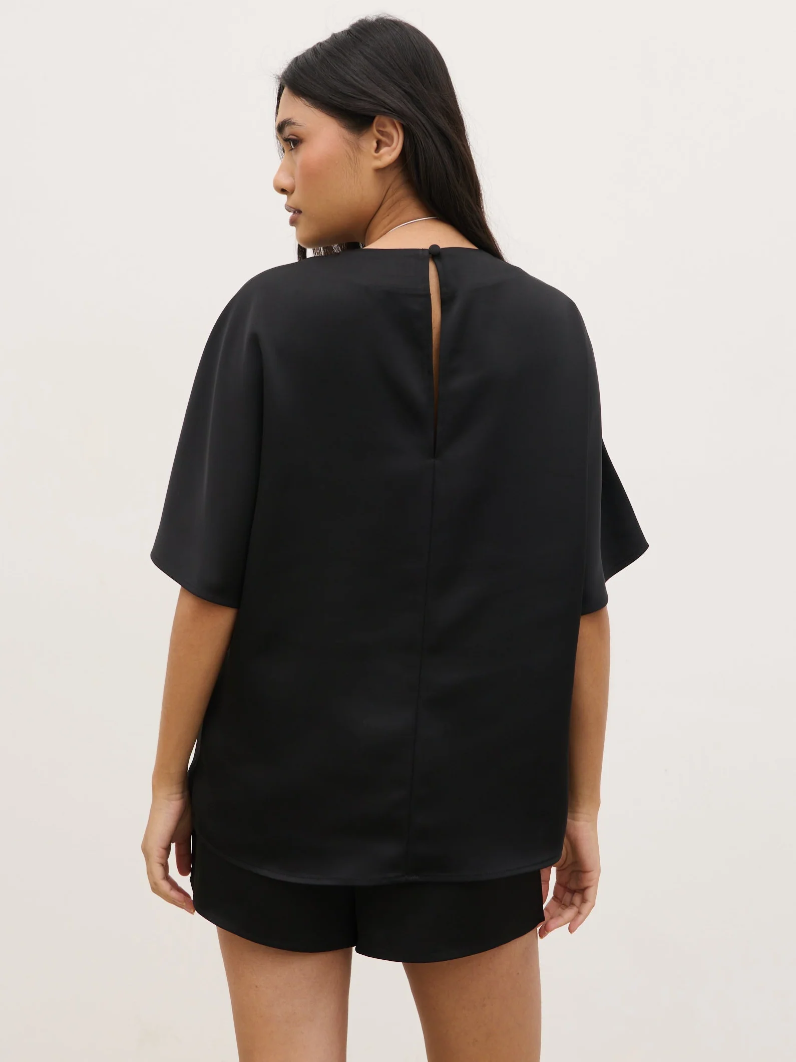 Breya Boxy Satin T-Shirt - Black - Image 6