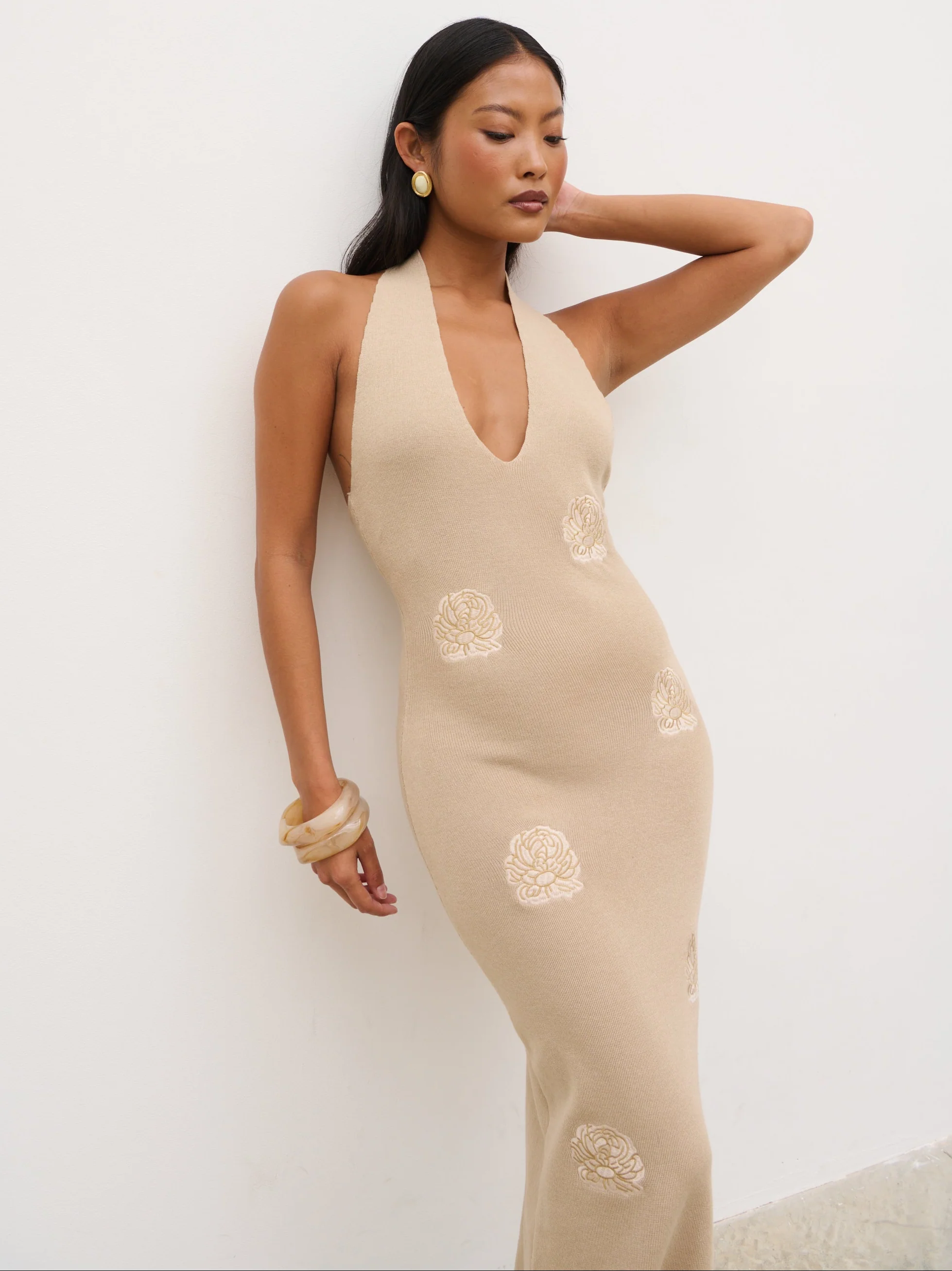 Cady Intarsia Halterneck Knit Maxi Dress - Beige - Image 2