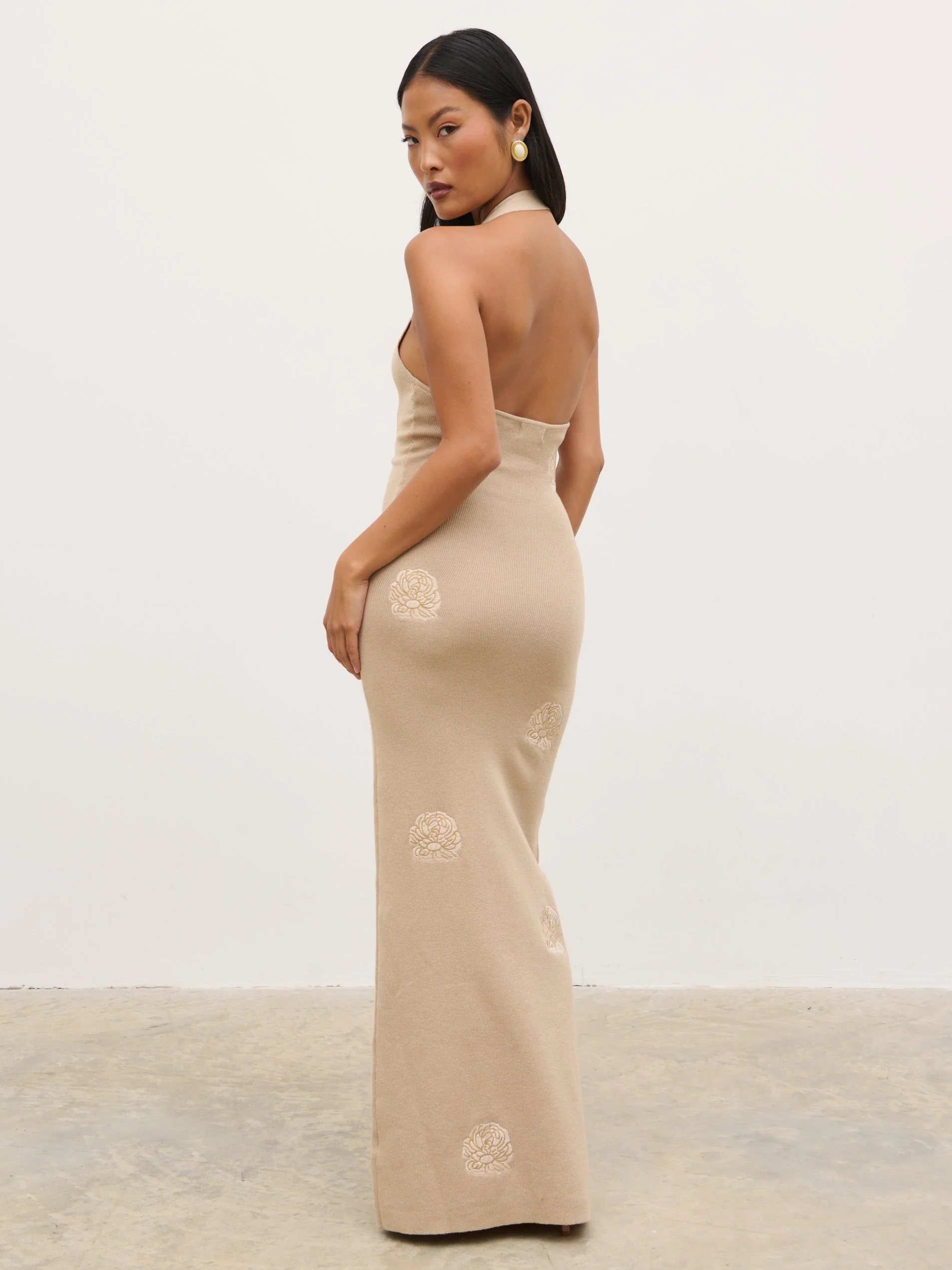 Cady Intarsia Halterneck Knit Maxi Dress - Beige - Image 6