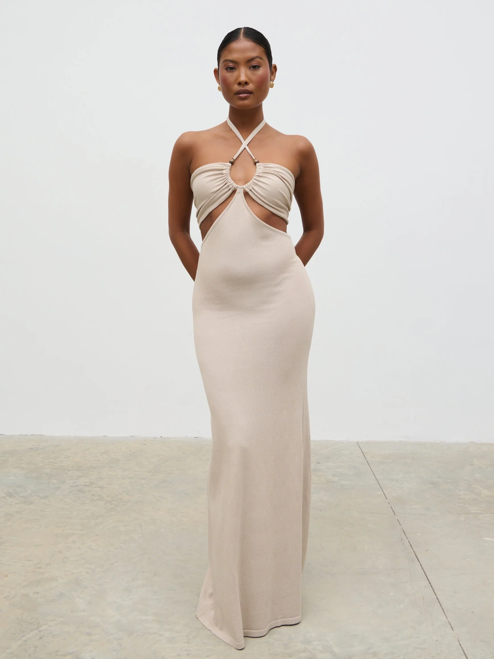 Candice Halterneck Beaded Knit Maxi Dress - Stone