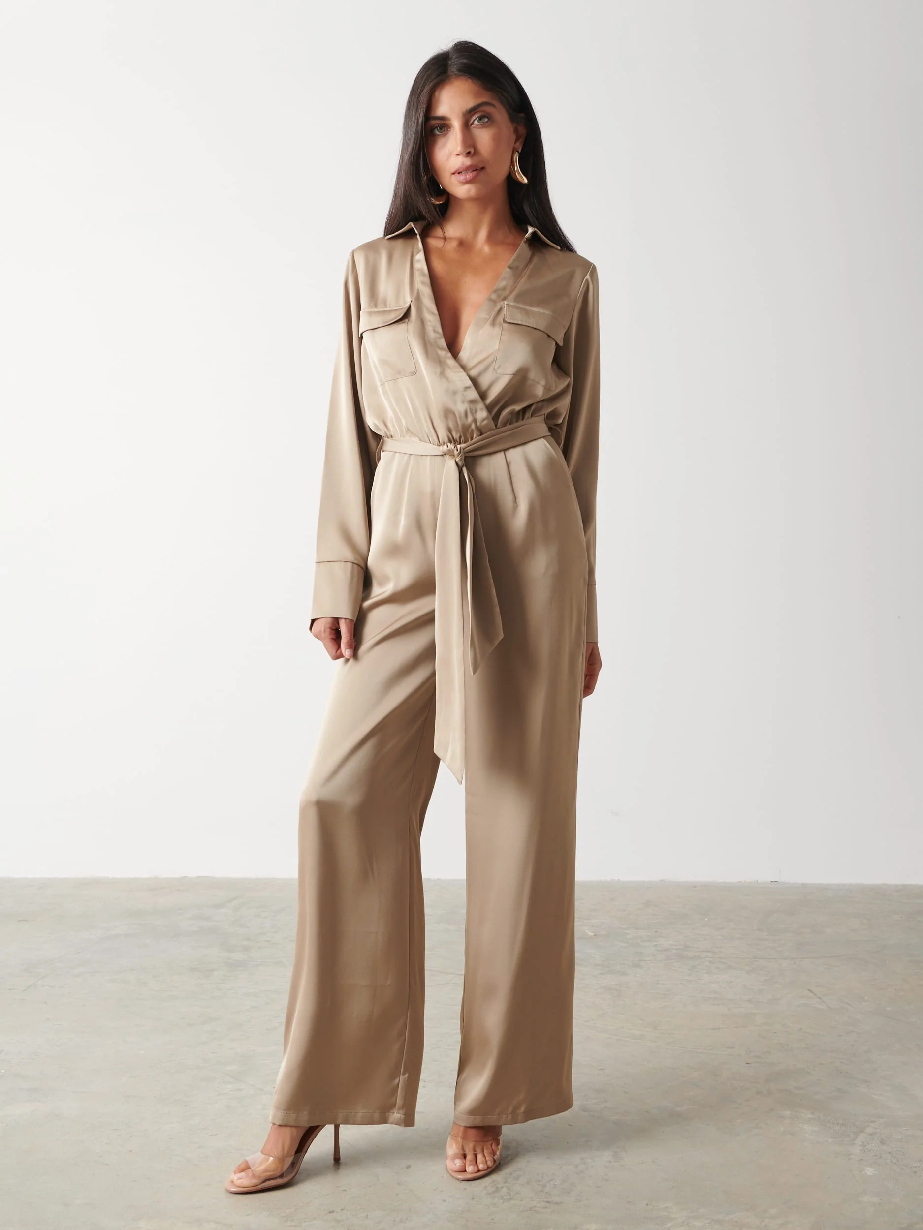 Carmen Satin Jumpsuit - Light Olive