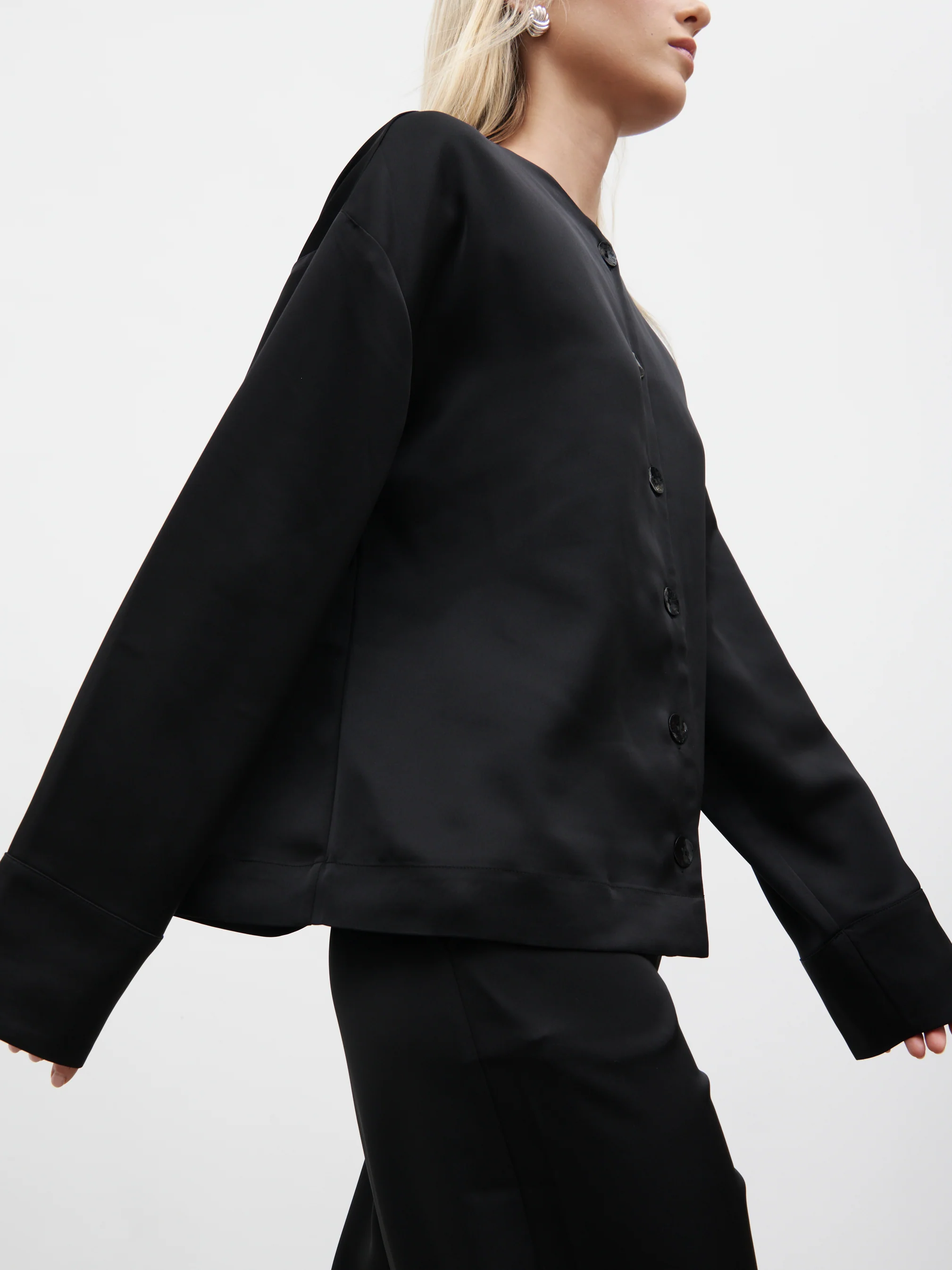 Dua Satin Button Blouse - Black - Image 2