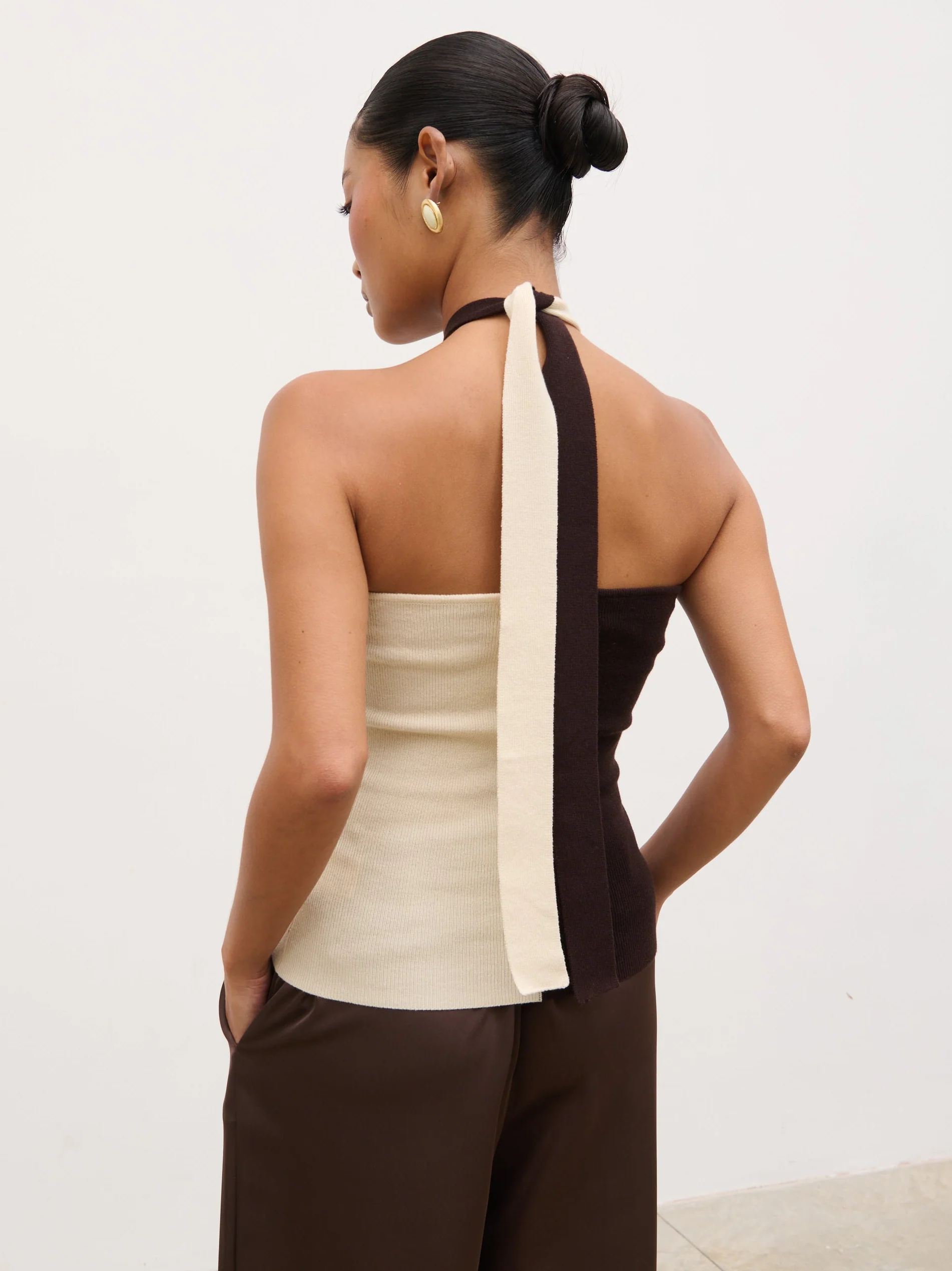 Estelle Halter Neck Knit Top - Brown and Cream - Image 4