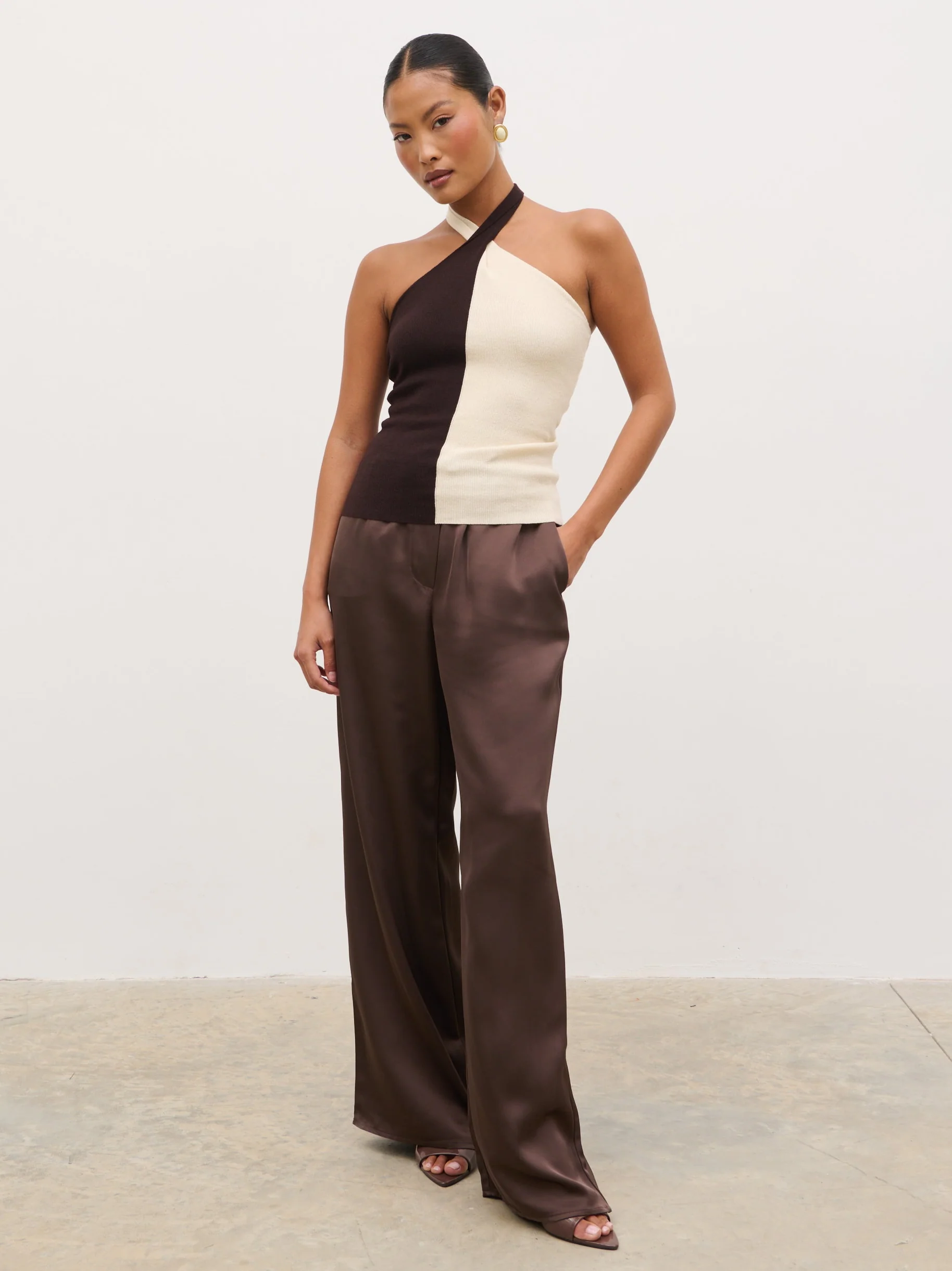 Estelle Halter Neck Knit Top - Brown and Cream - Image 6
