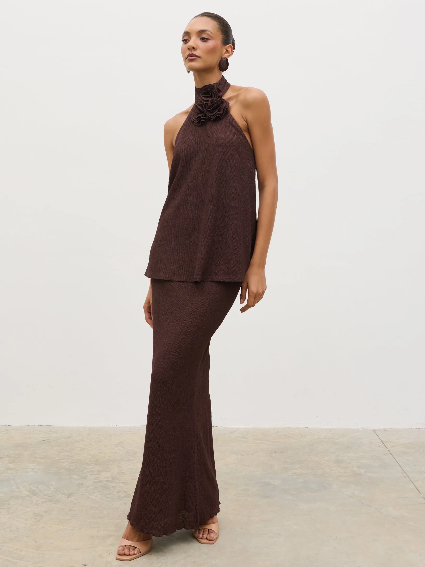 Evalina Crinkle Maxi Skirt - Brown