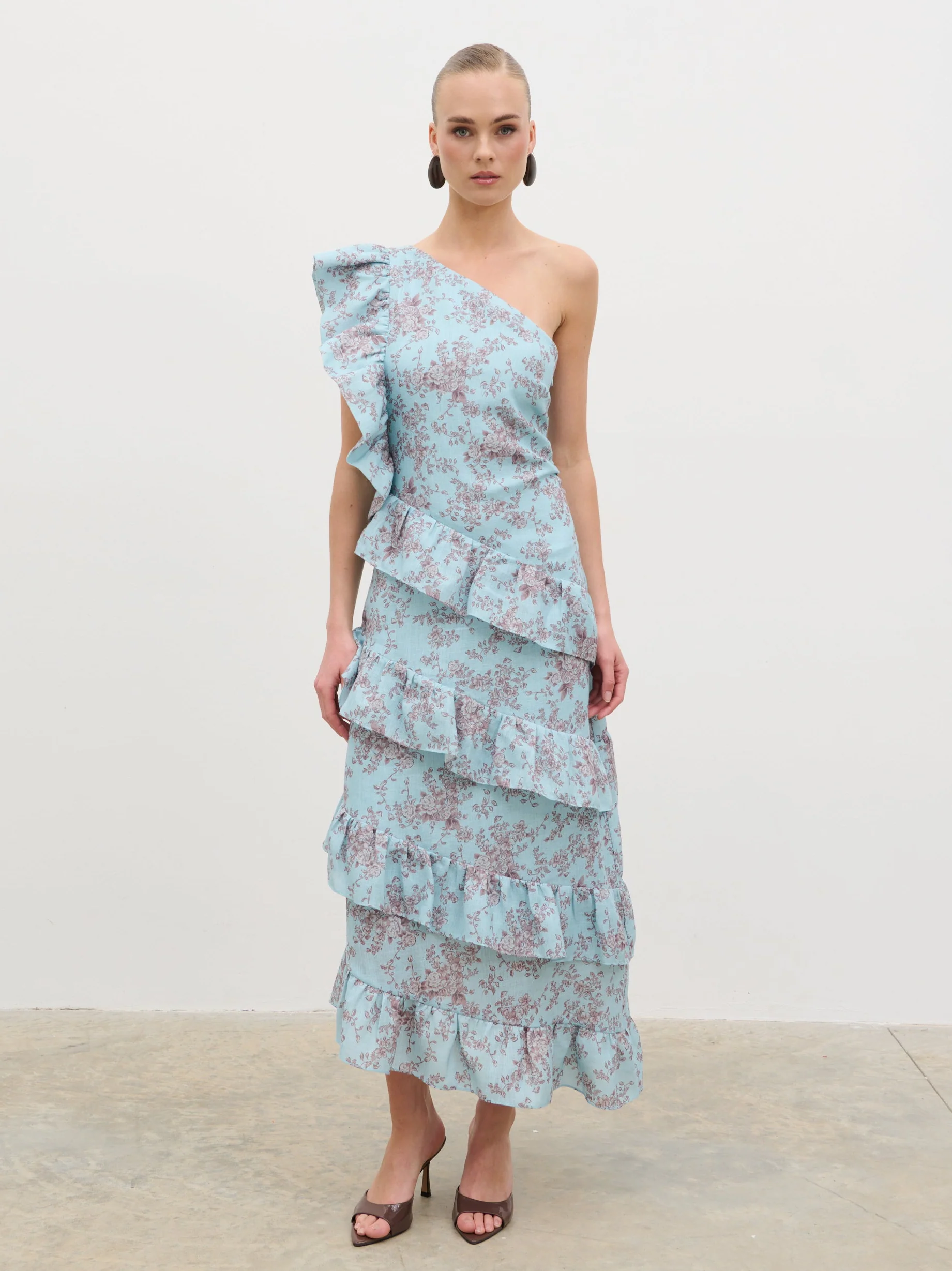 Fleur Tiered Frill One Shoulder Midaxi Dress - Seaspray and Brown Floral - Image 10