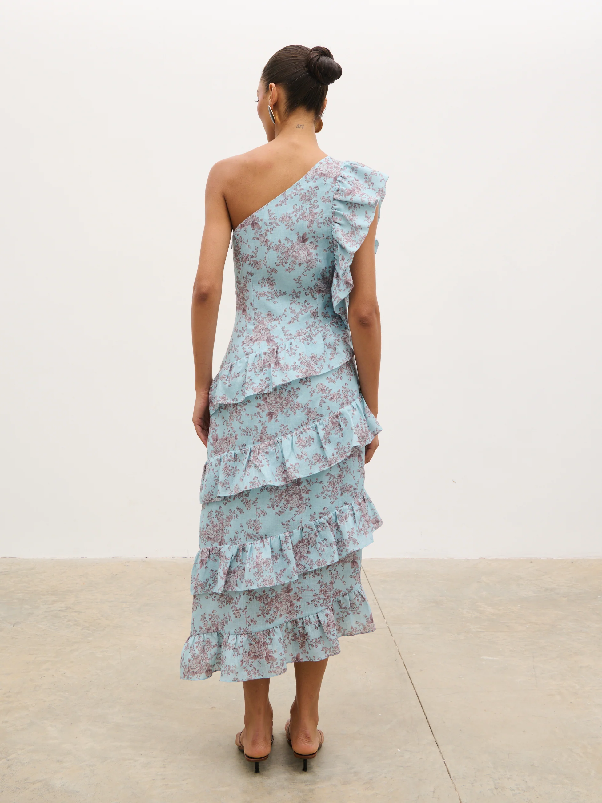 Fleur Tiered Frill One Shoulder Midaxi Dress - Seaspray and Brown Floral - Image 5