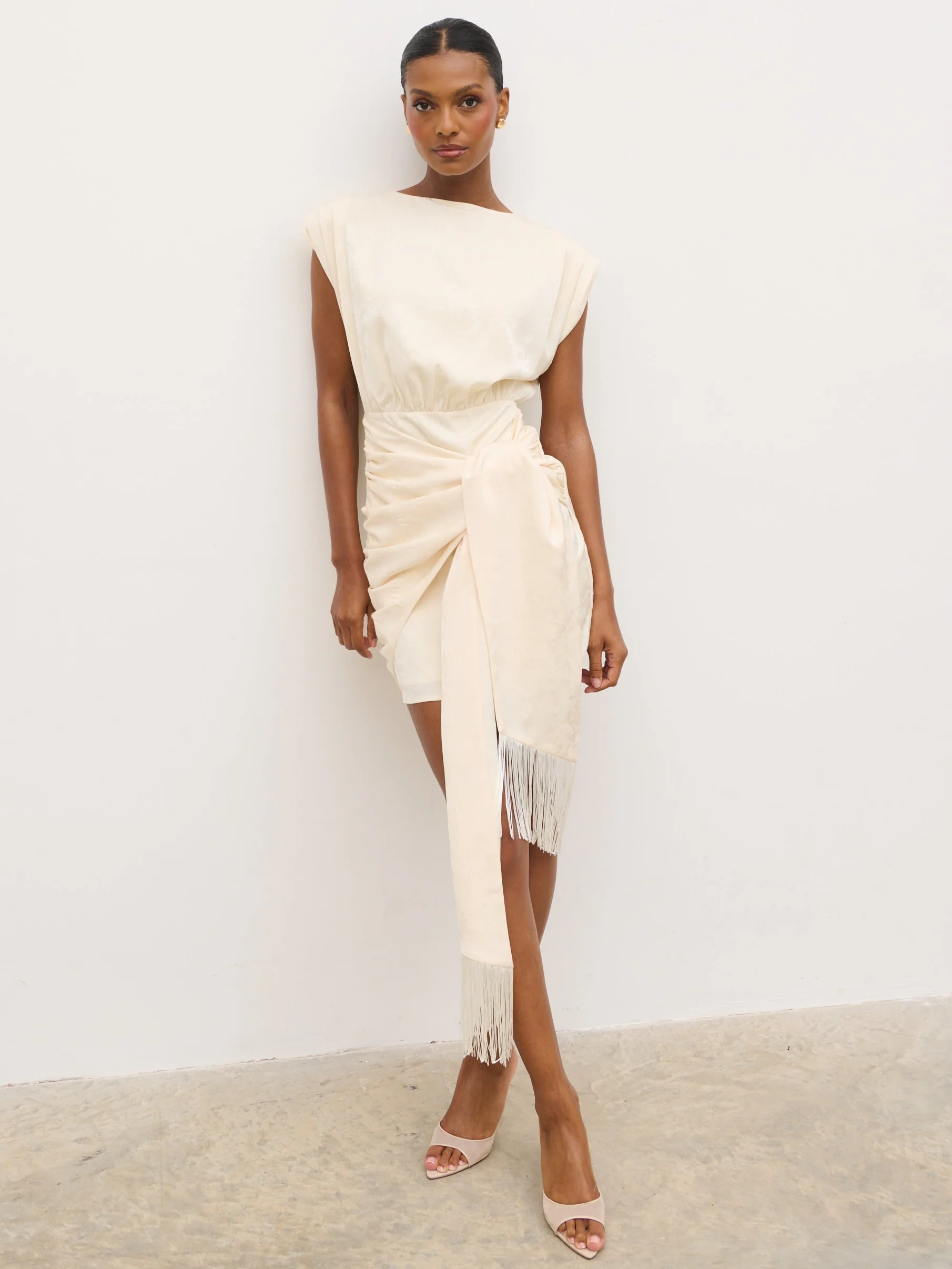 Hattie Jacquard Mini Fringed Dress - Cream - Image 4