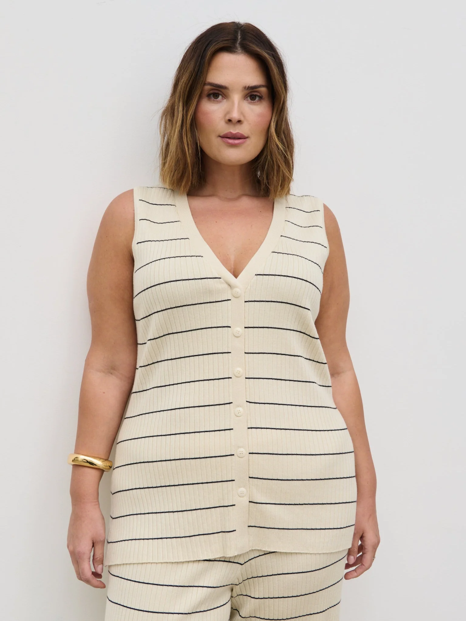 Hattie Stripe Knit Waistcoat Curve - Cream and Black