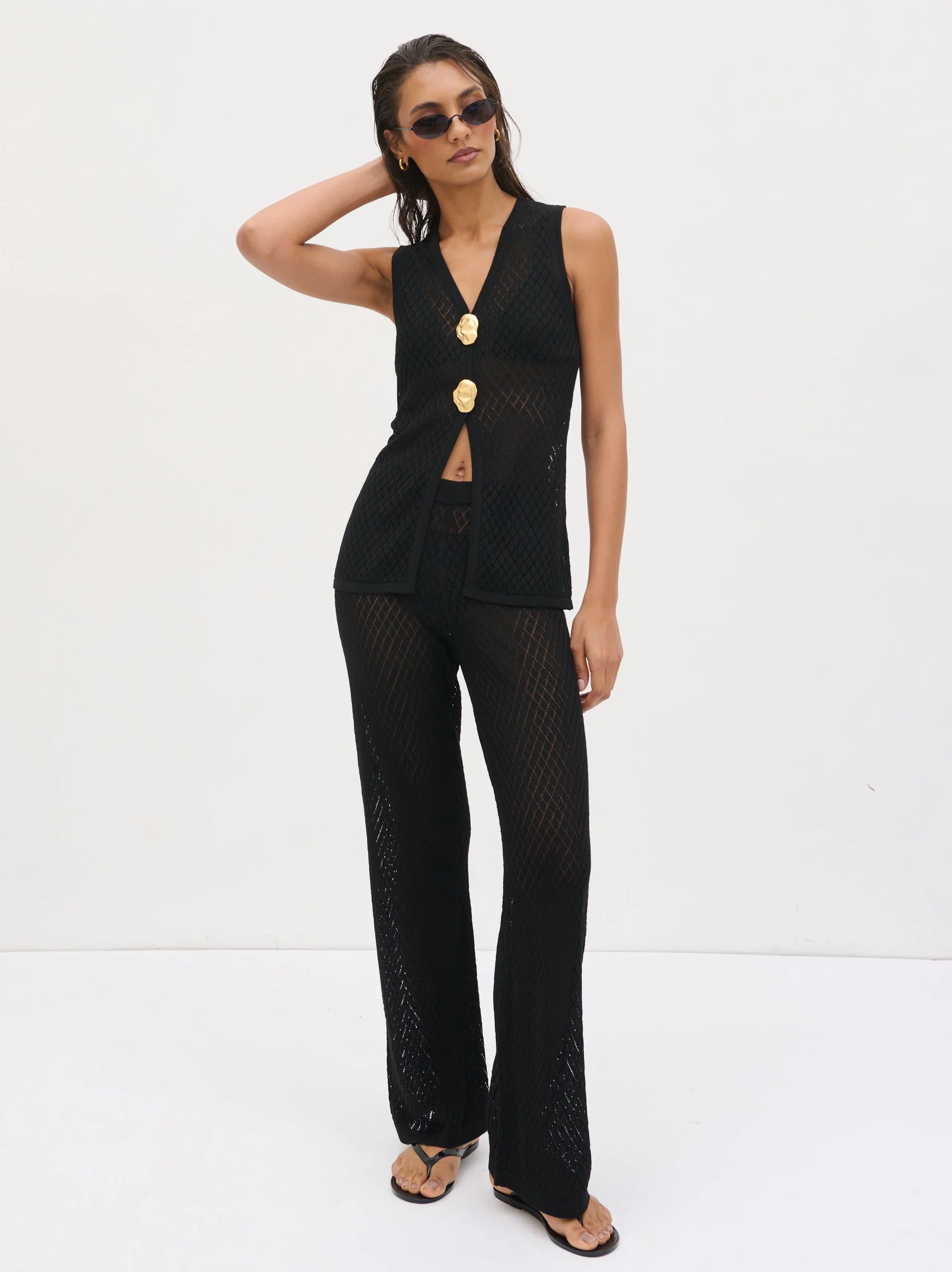 Imani Pointelle Knit Trousers - Black - Image 7