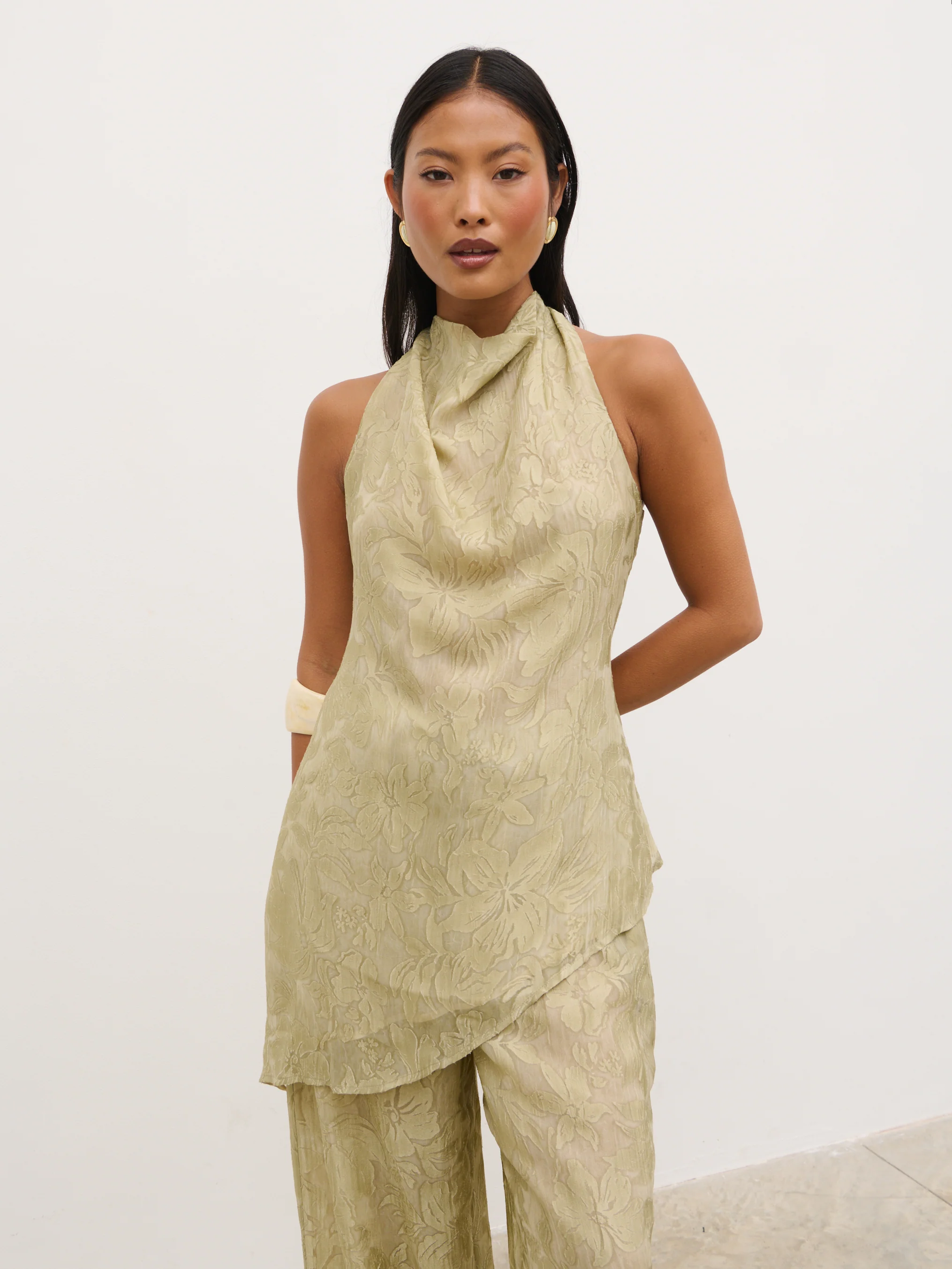 Inca Asymmetric Cowl Neck Top - Olive Jacquard Floral
