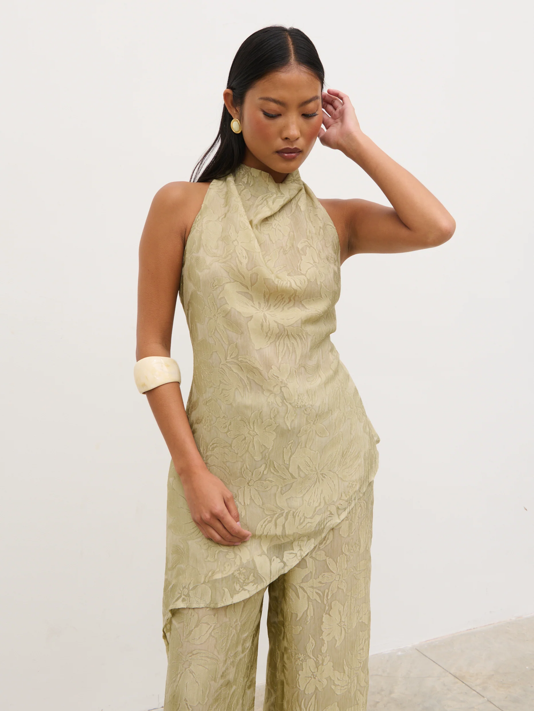 Inca Asymmetric Cowl Neck Top - Olive Jacquard Floral - Image 3