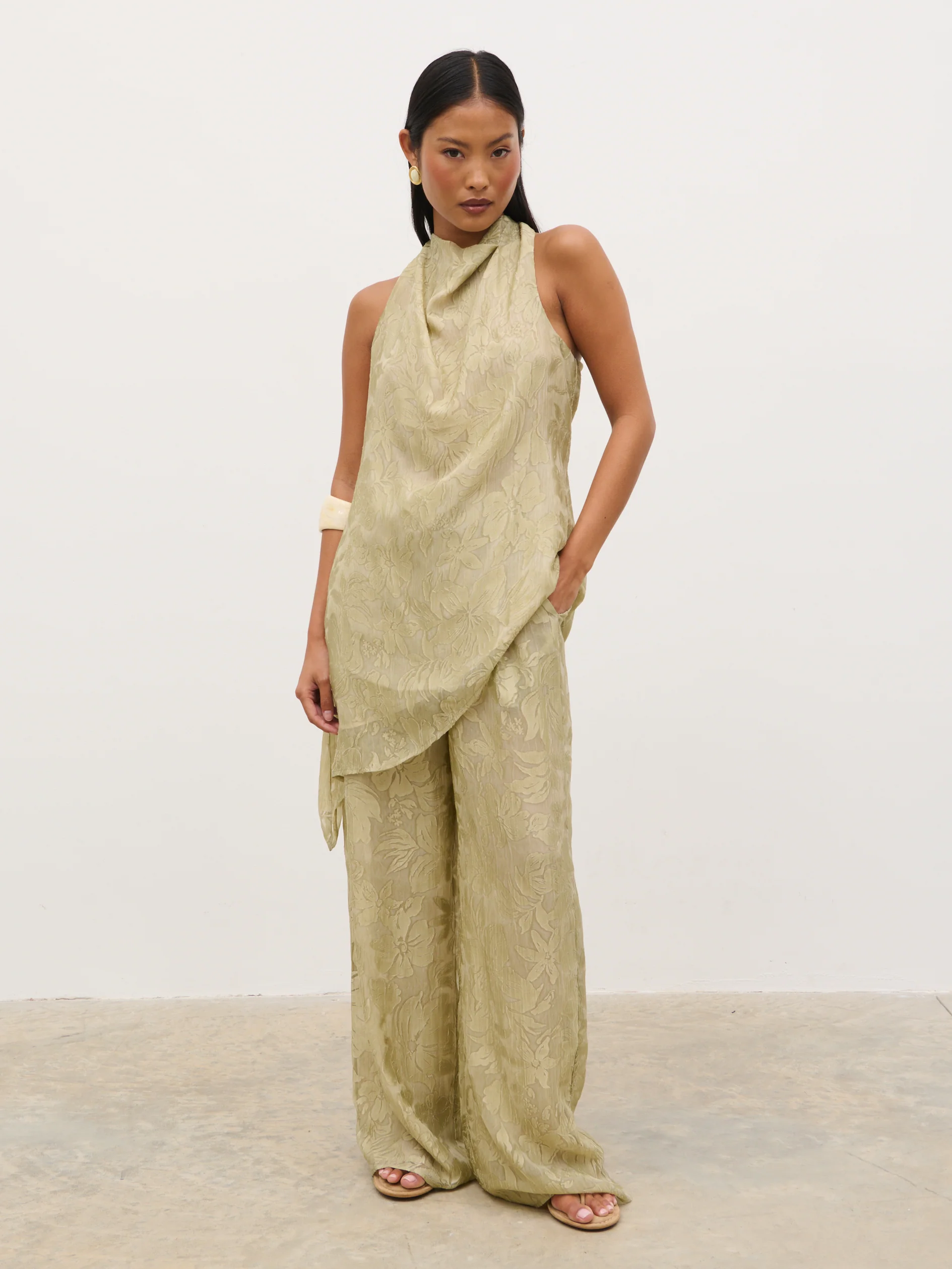 Inca Asymmetric Cowl Neck Top - Olive Jacquard Floral - Image 6