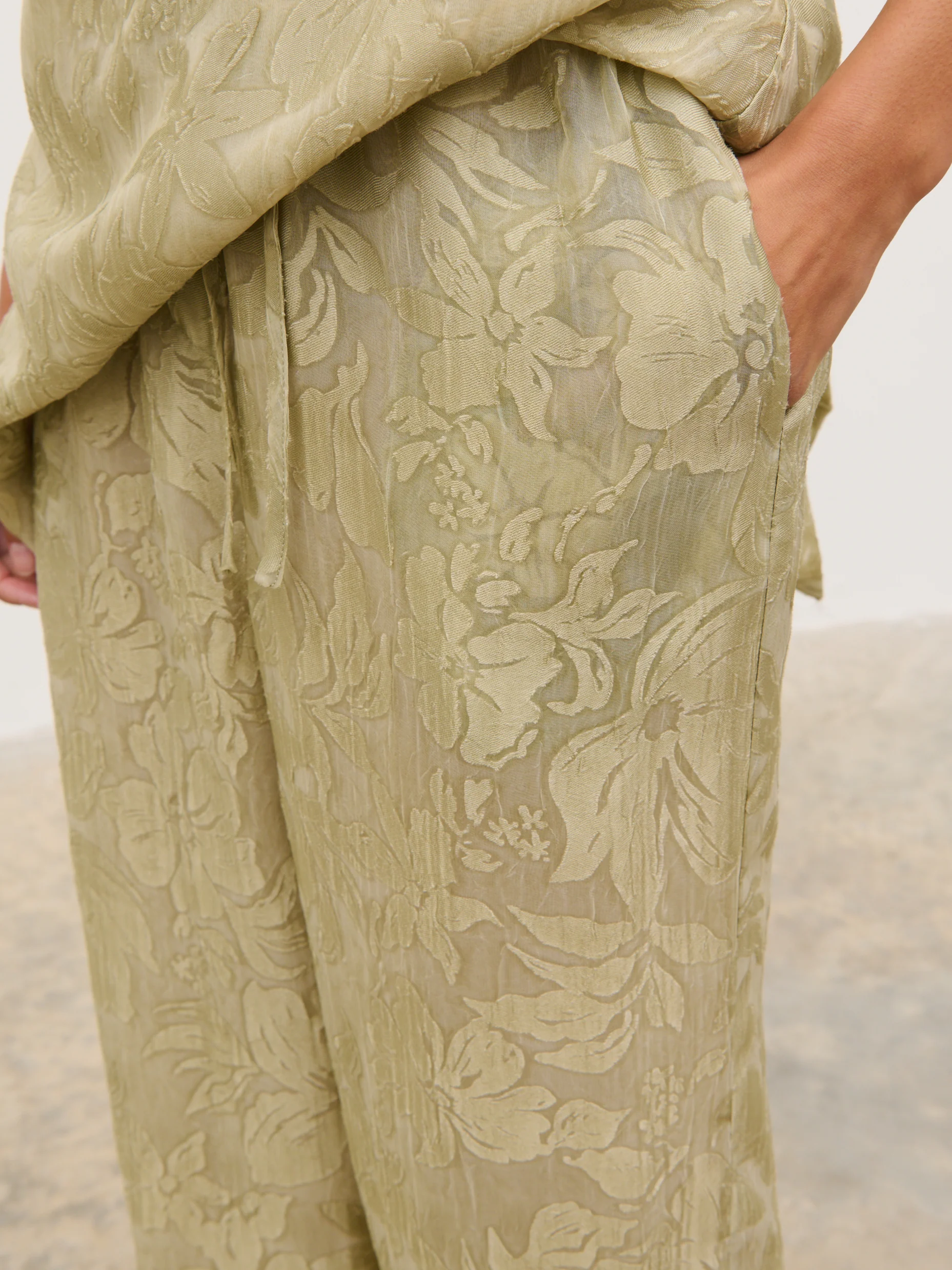 Inca Drawstring Trousers - Olive Jacquard Floral - Image 4