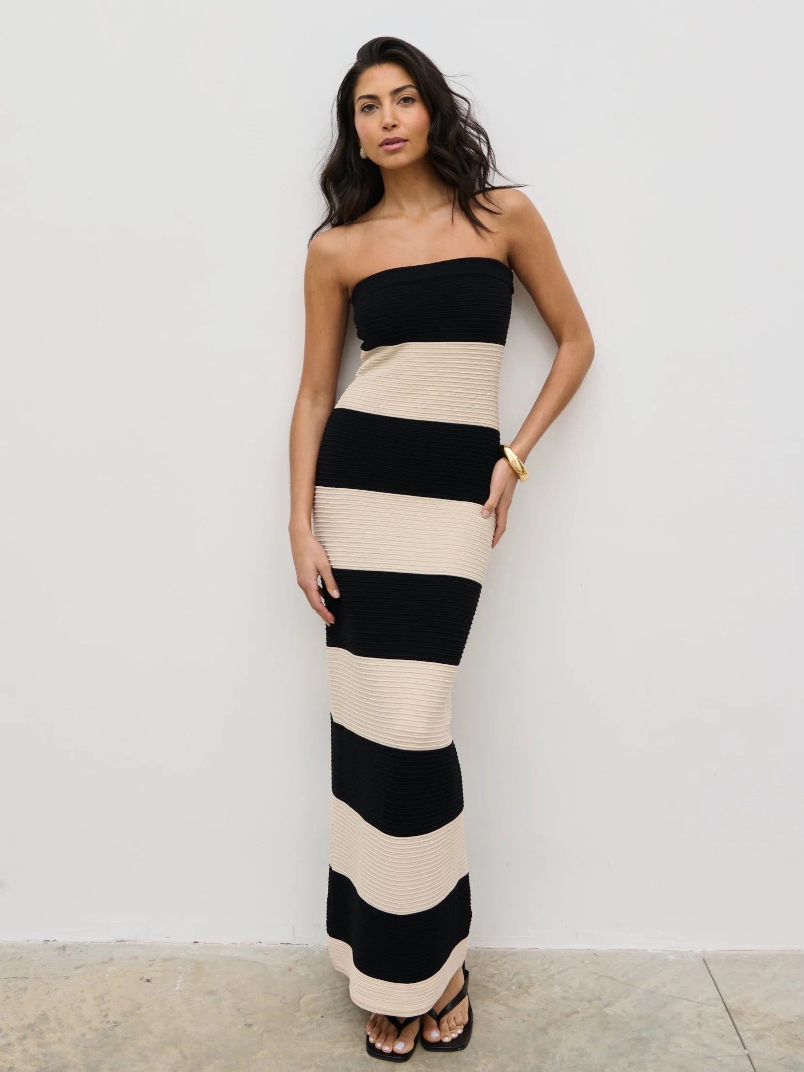 Jamie Bandeau Stripe Crochet Knit Maxi Dress - Black and Cream