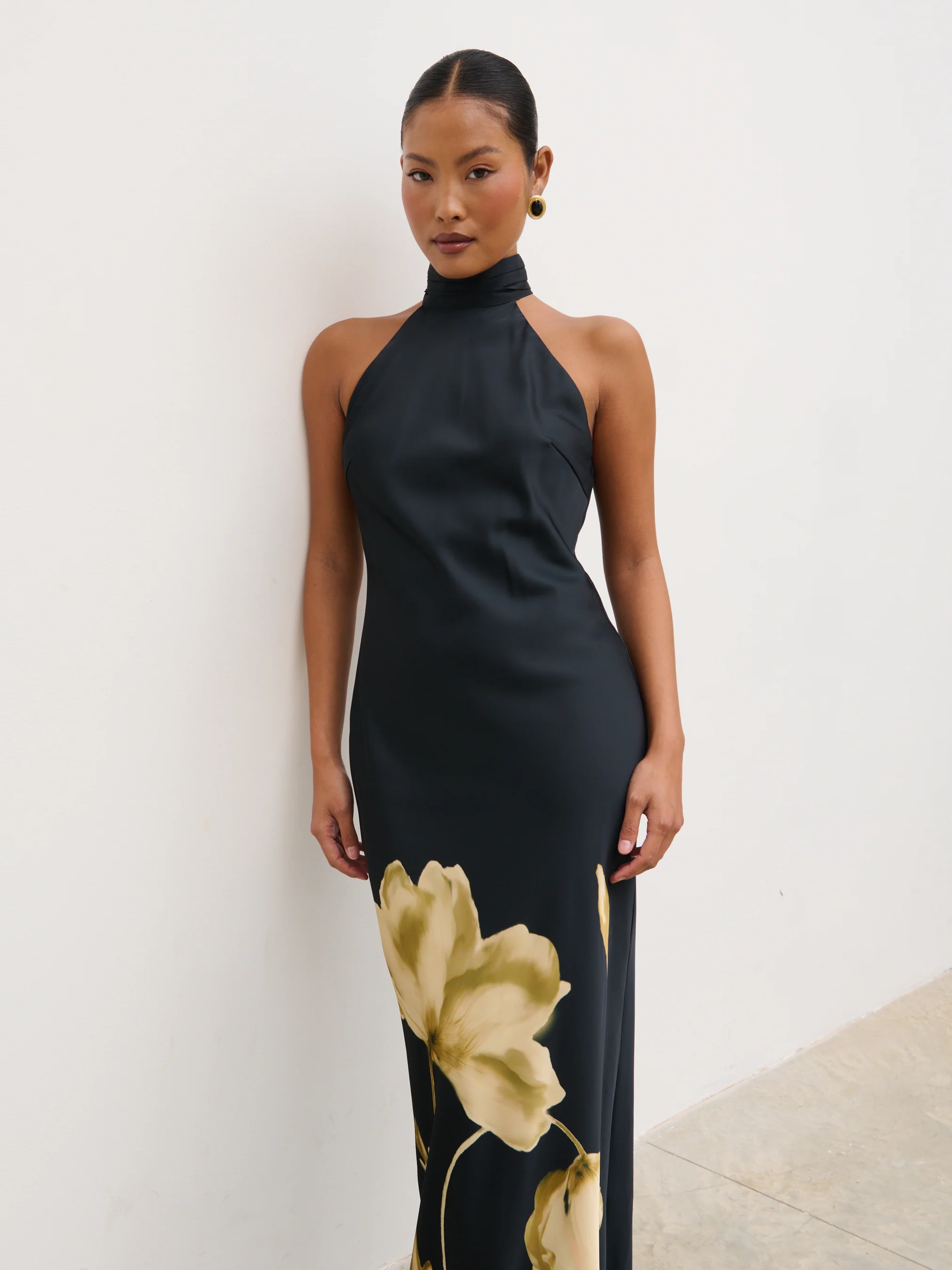 Kiara Halterneck Maxi Dress - Largescale Poppy Petal Gold - Image 3