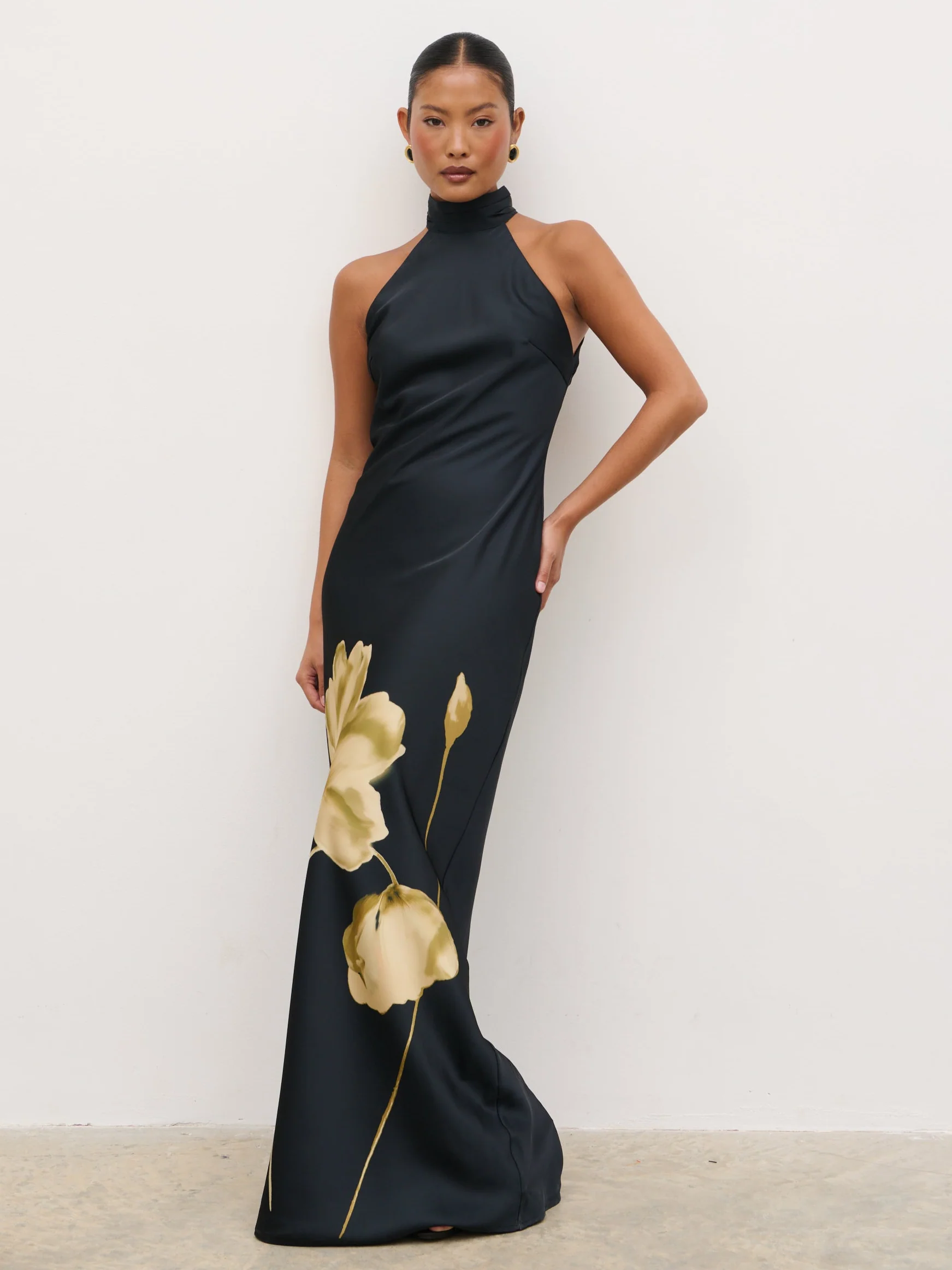 Kiara Halterneck Maxi Dress - Largescale Poppy Petal Gold - Image 5