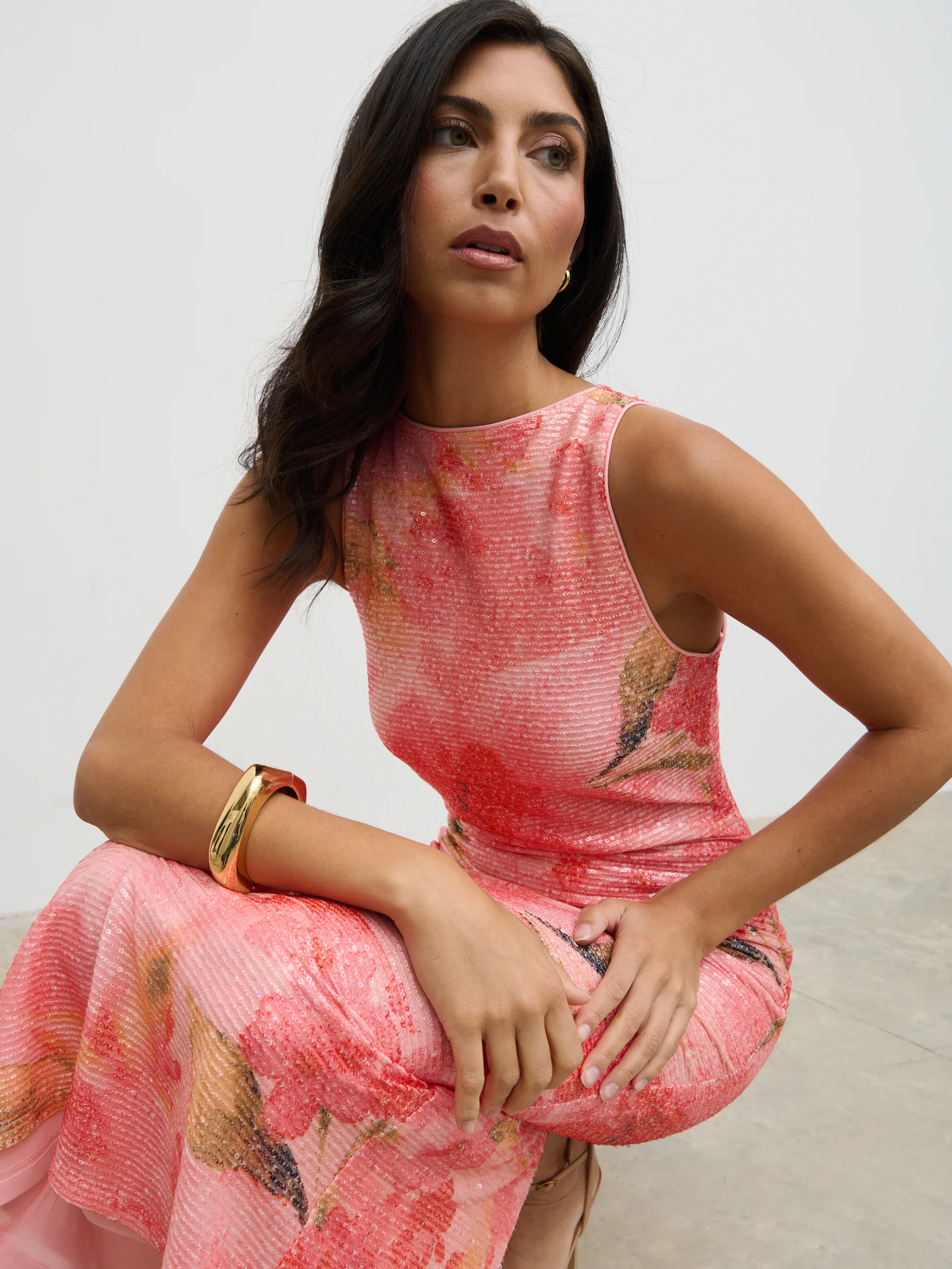 Lilou Printed Sequin Midaxi Dress - Orange Large Scale Floral - Image 2