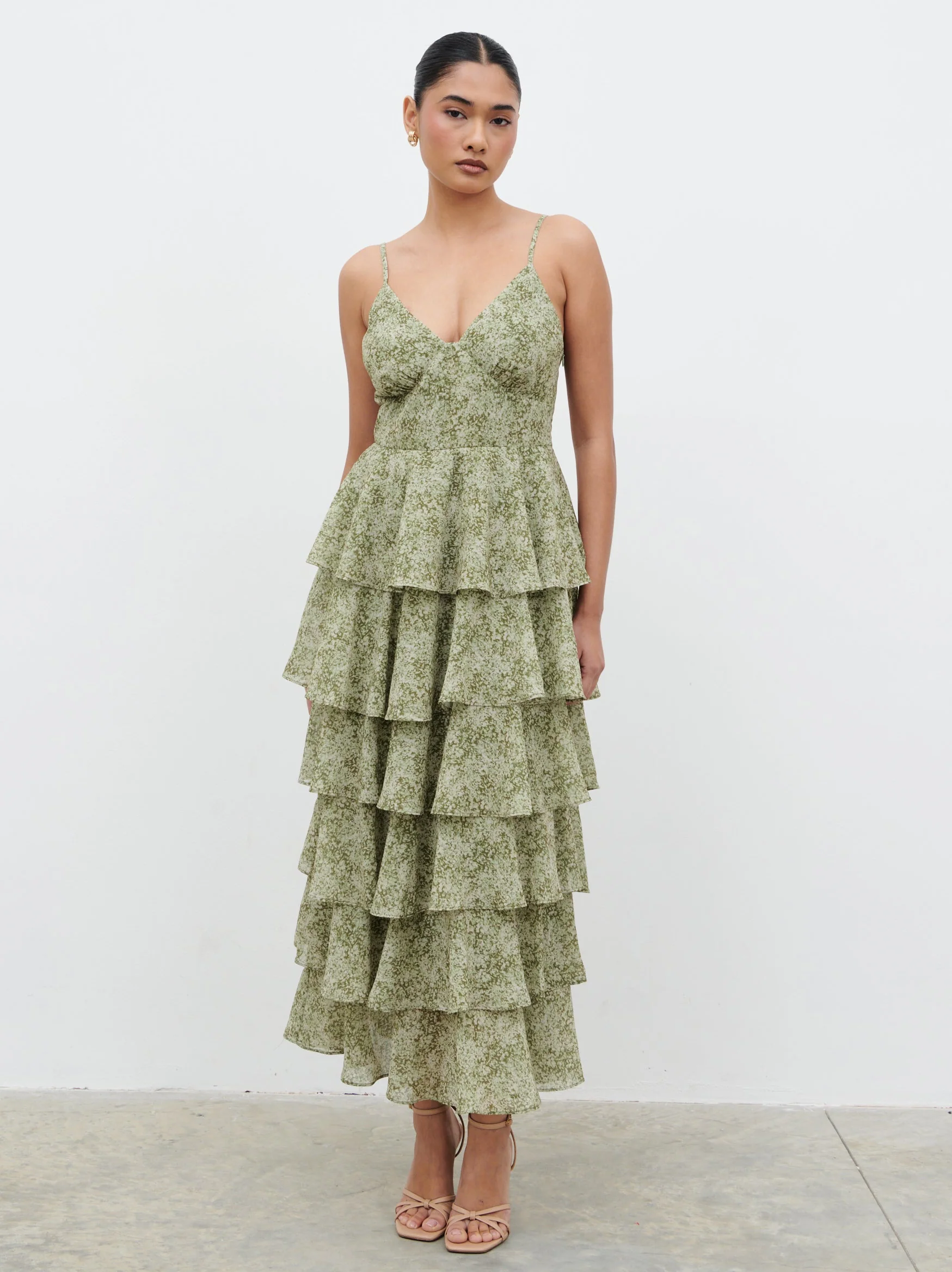 Lissy Ruffle Midaxi Dress - Green Abstract Print