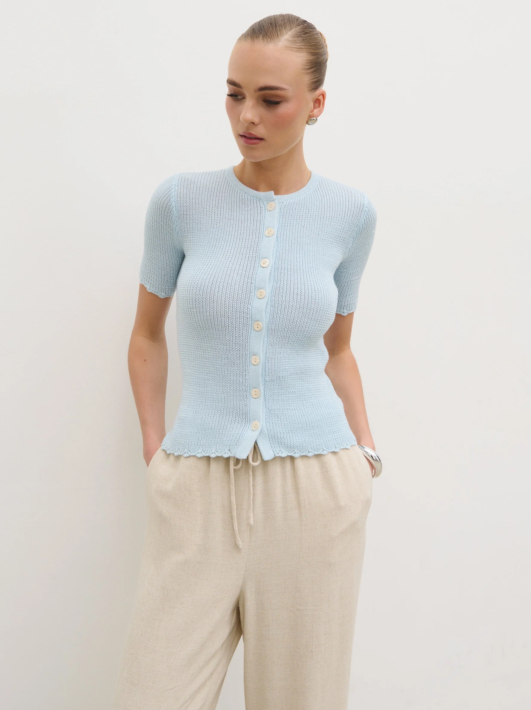 Louna Scallop Detail Cream Knit Button Top - Blue