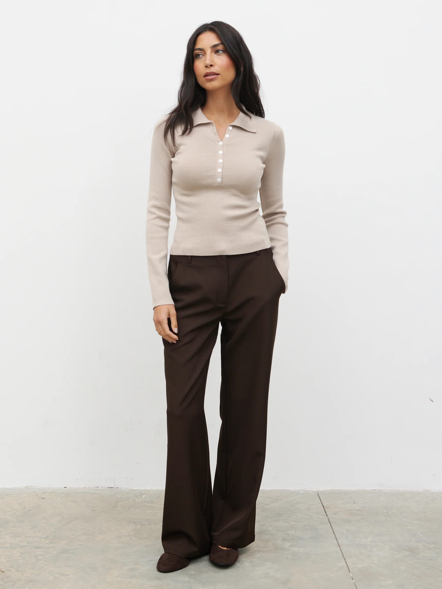 Marione Button Down Knit Polo Top - Beige - Image 2