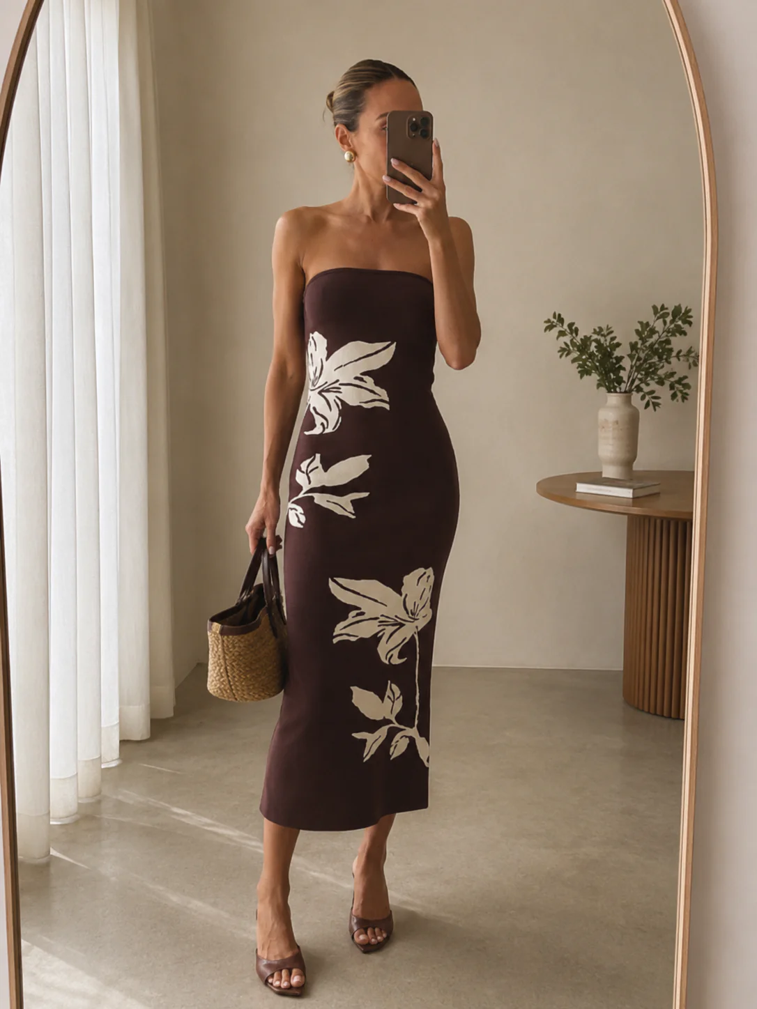Milena Floral Bandeau Knit Midaxi Dress - Chocolate and Cream - Image 2
