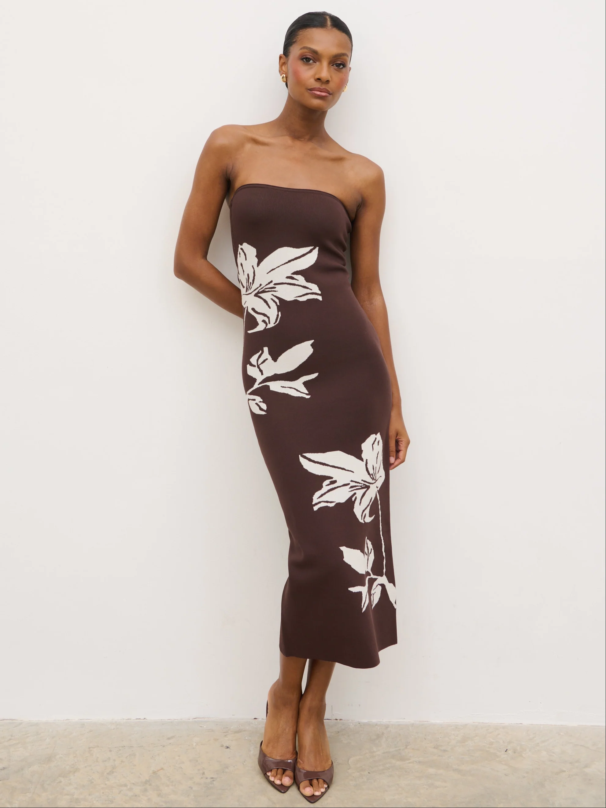 Milena Floral Bandeau Knit Midaxi Dress - Chocolate and Cream - Image 3