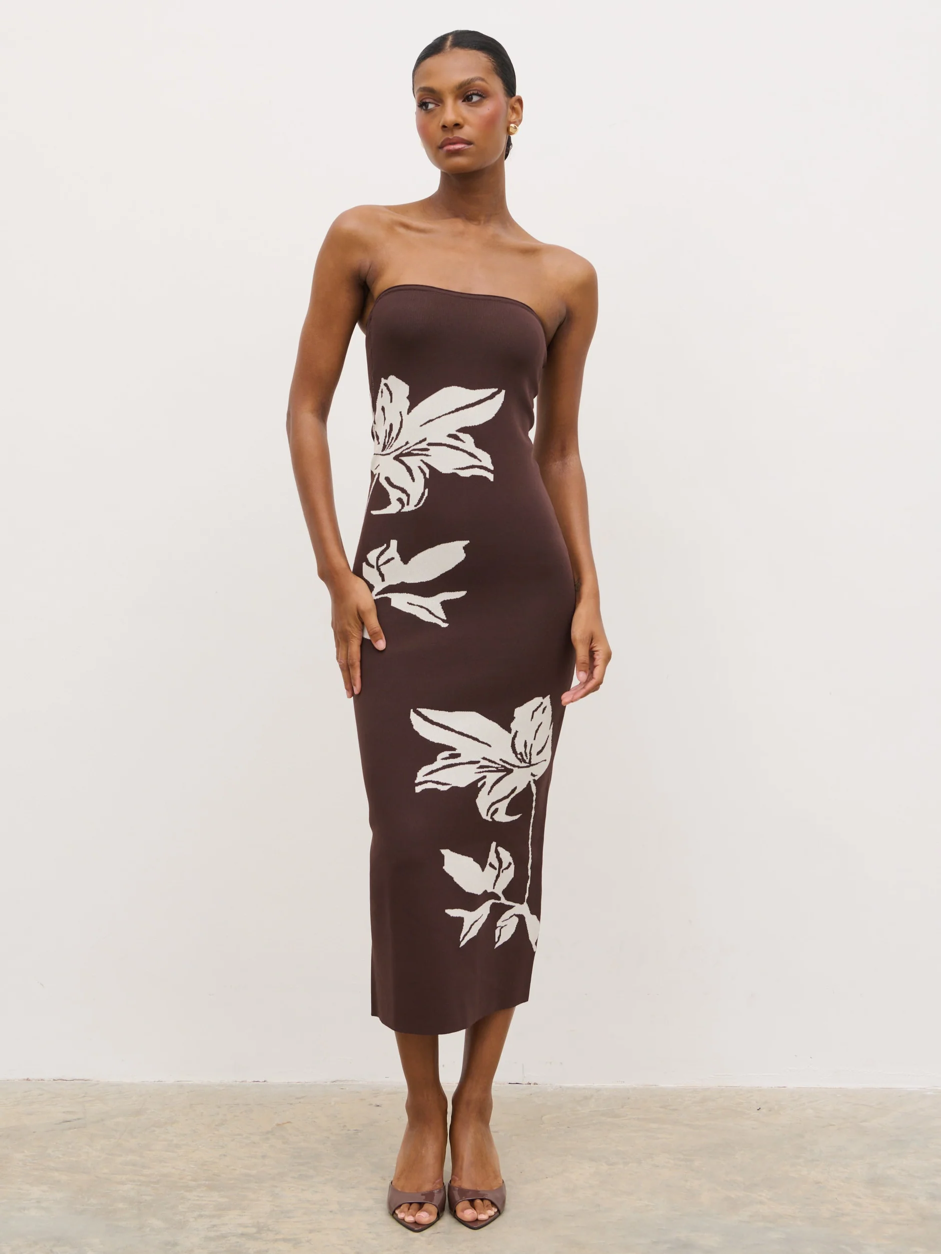 Milena Floral Bandeau Knit Midaxi Dress - Chocolate and Cream - Image 6