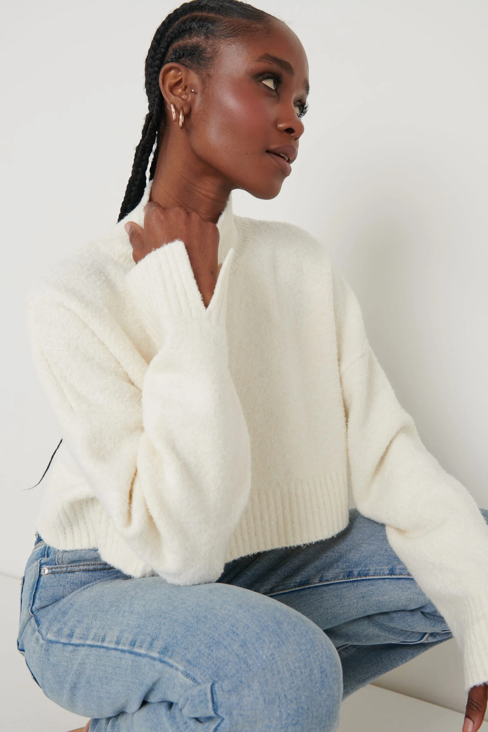 Millie Roll Neck Cropped Jumper - Cream - Image 3