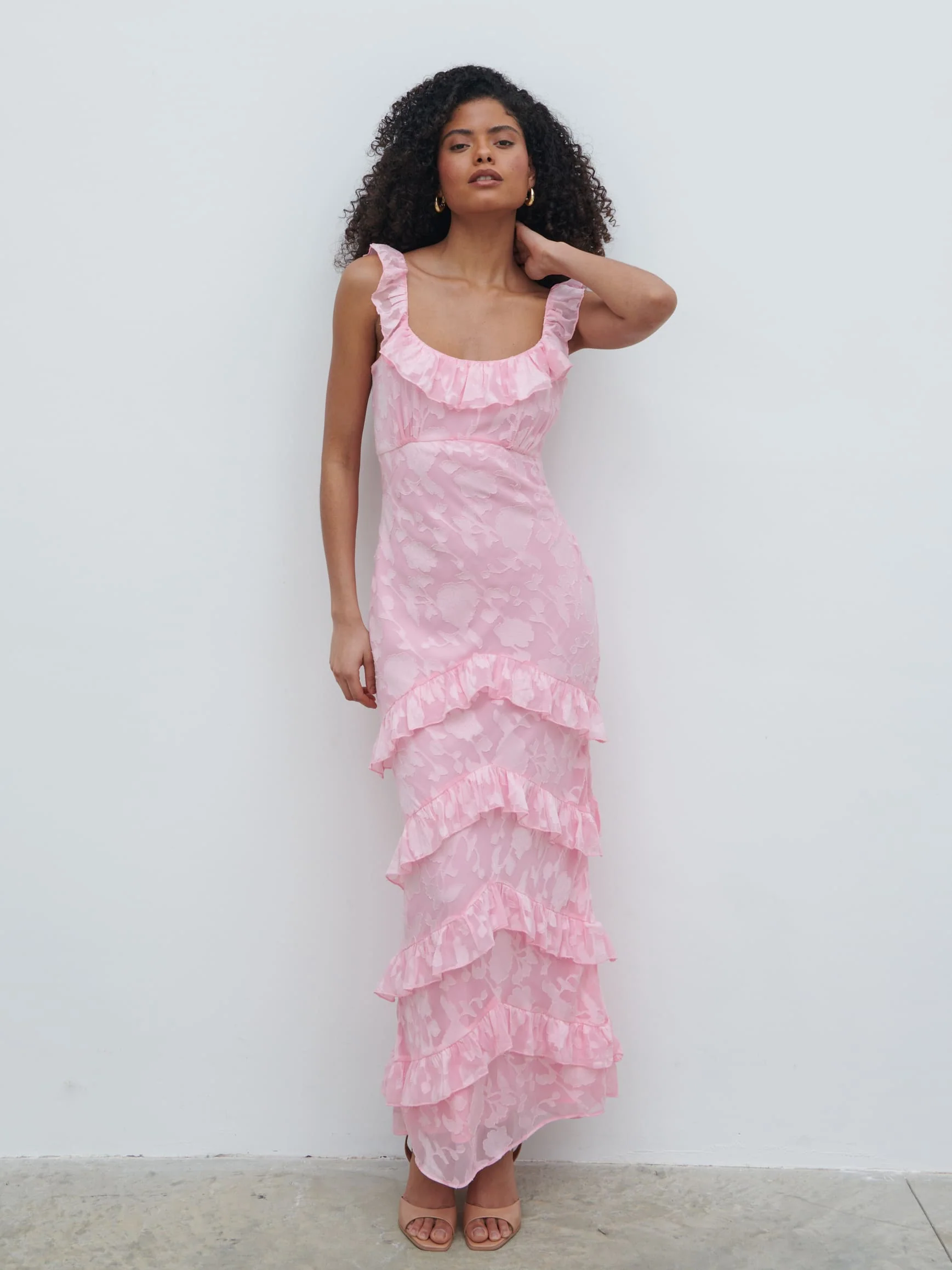 Novie Ruffle Jacquard Maxi Dress - Posie Pink - Image 3