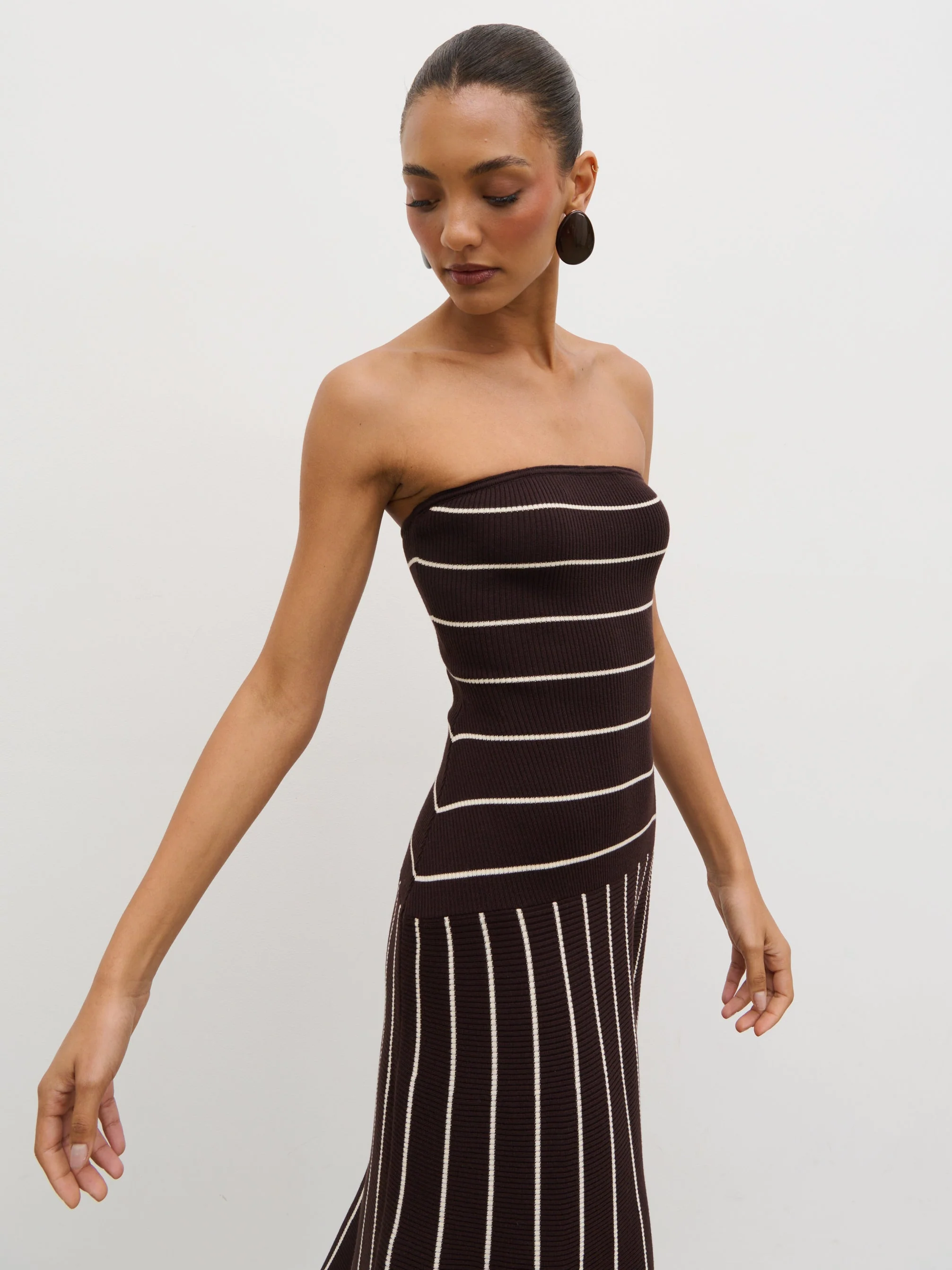 Pixie Bandeau Stripe Knit Long Midaxi Dress - Brown - Image 3