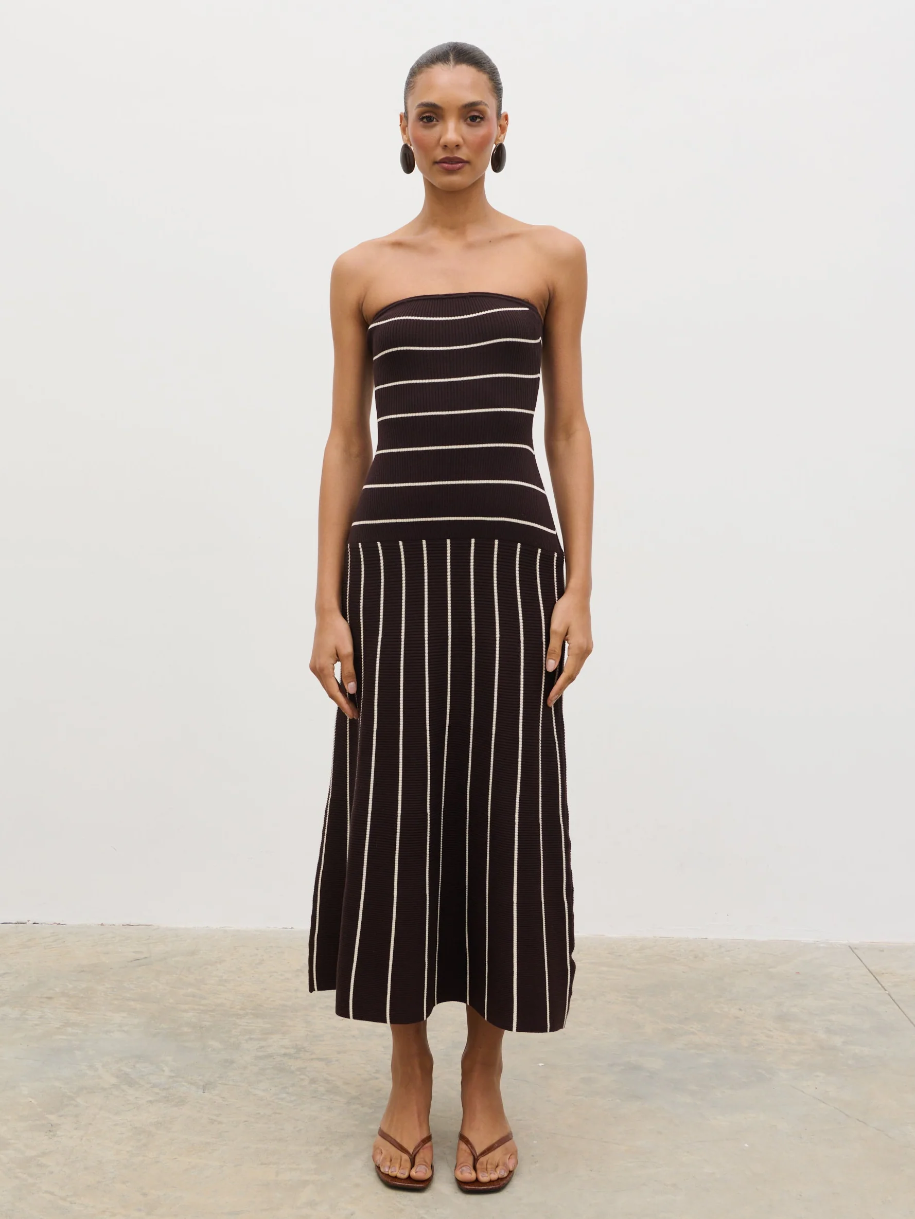 Pixie Bandeau Stripe Knit Long Midaxi Dress - Brown - Image 7