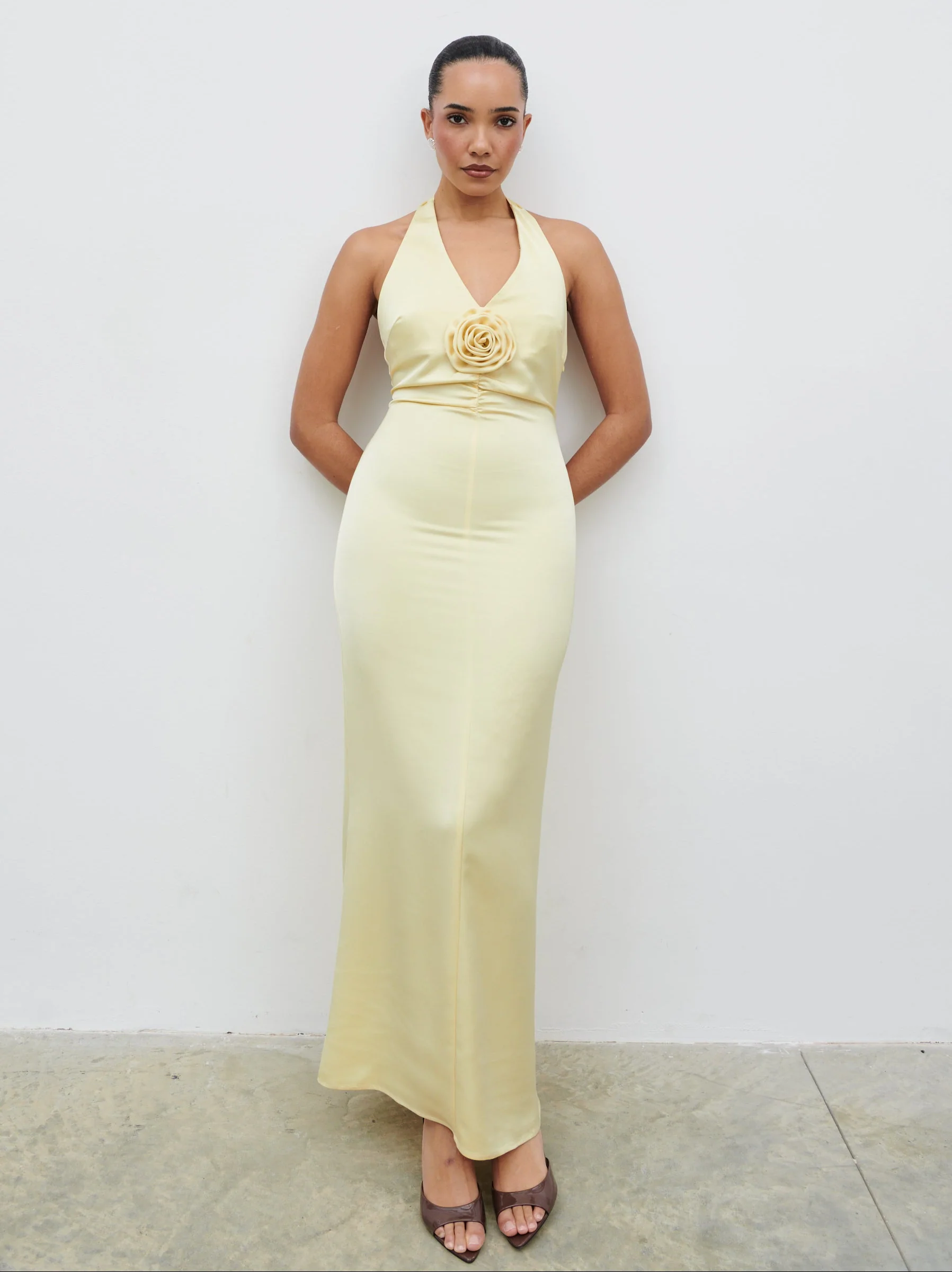 Reya Satin Corsage Maxi Dress - Lemon - Image 2