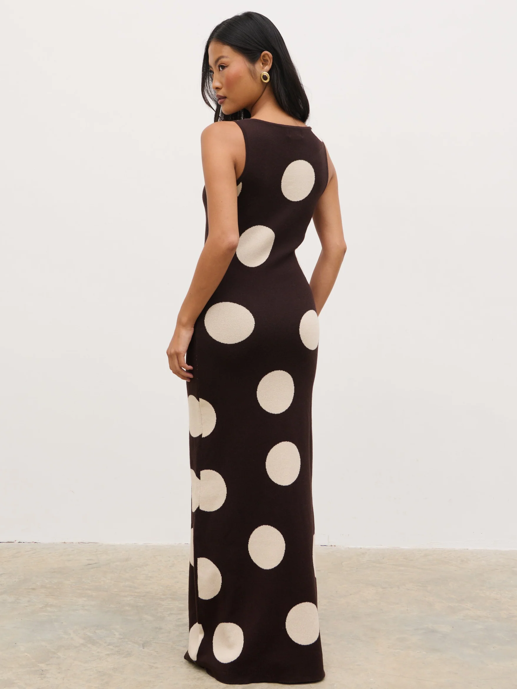 Sarover Polka Dot Maxi Knit Dress - Chocolate and Cream - Image 5