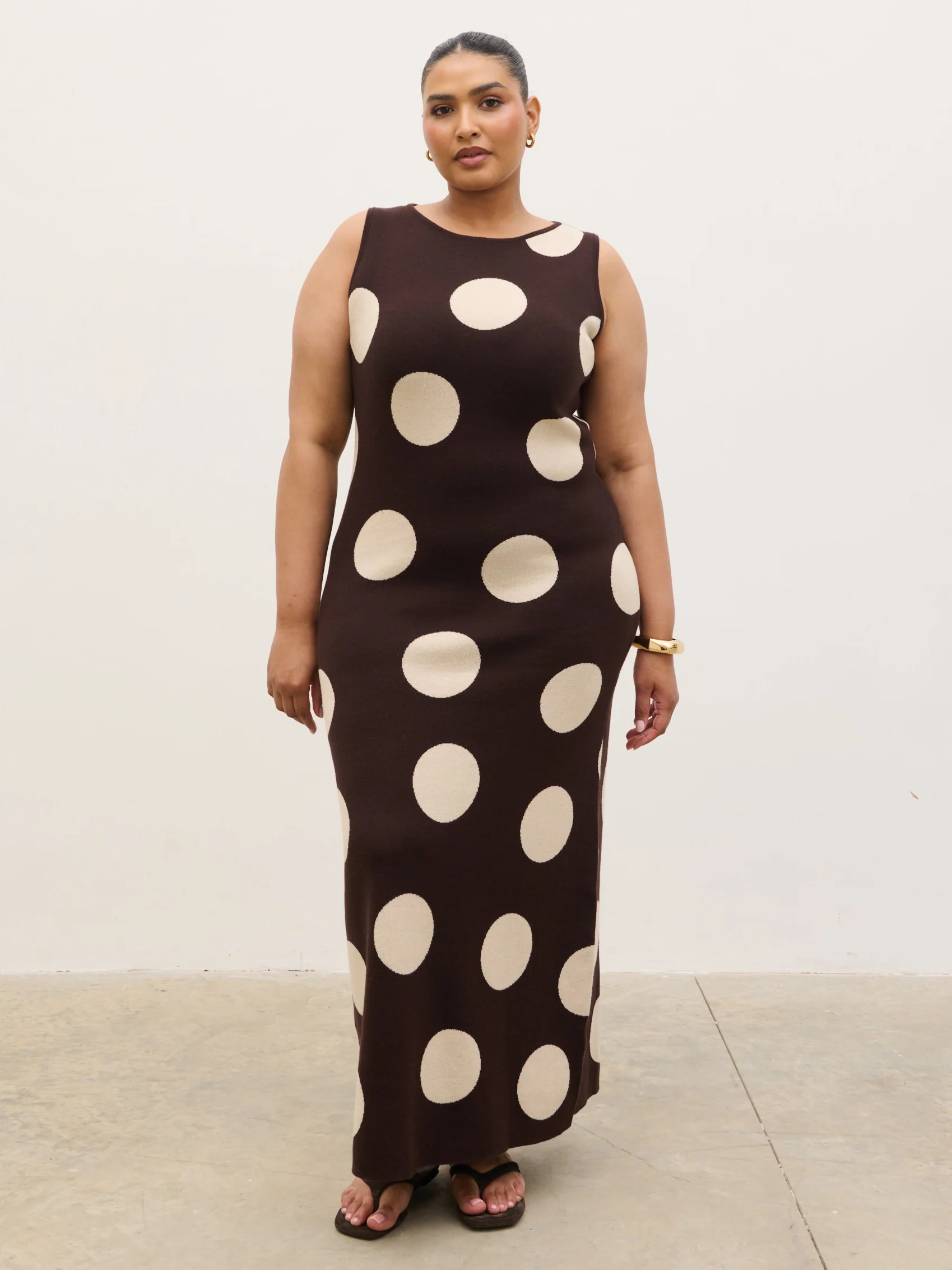Sarover Polka Dot Maxi Knit Dress Curve - Chocolate and Cream
