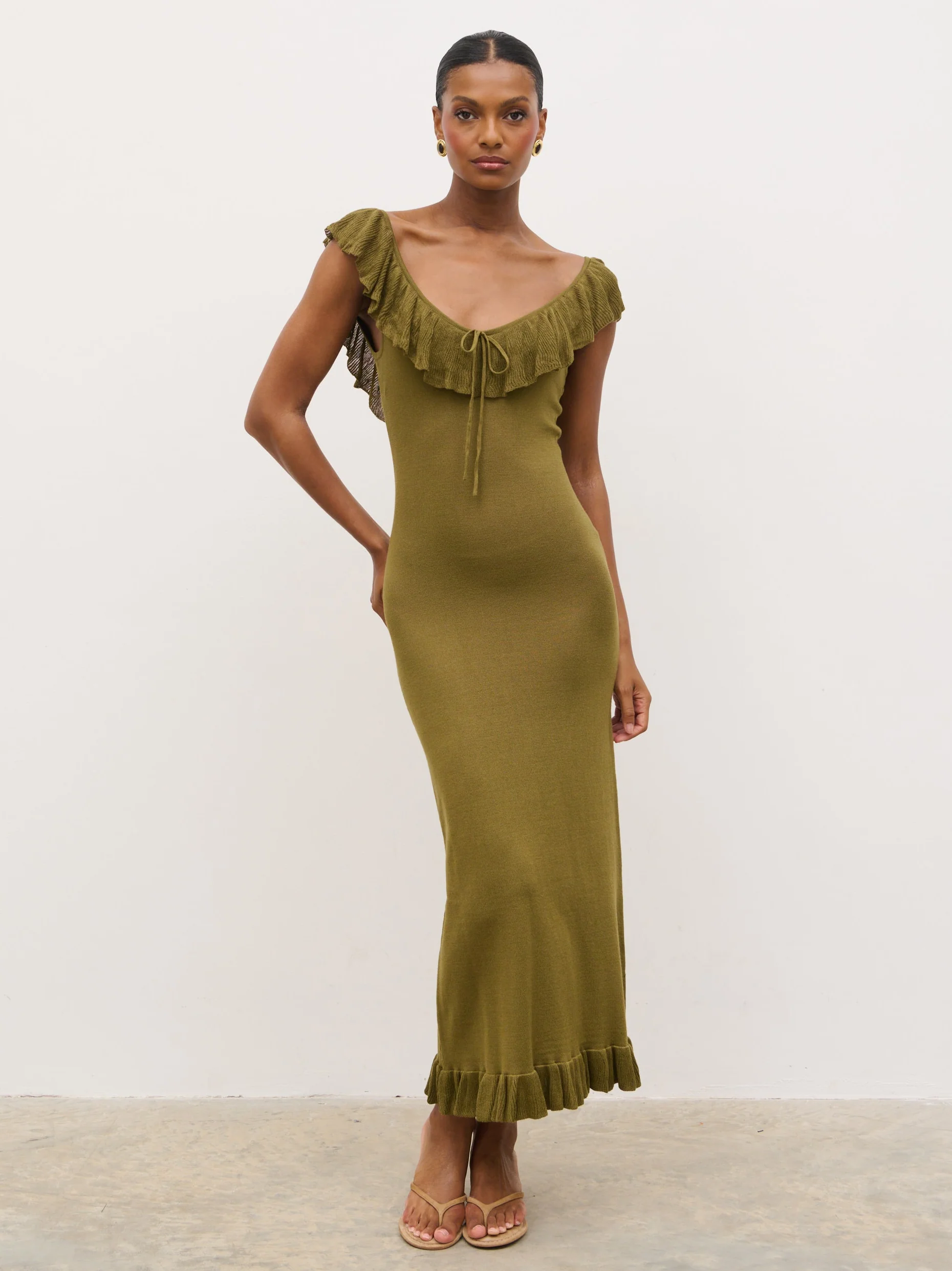 Sascha Frill Detail Knit Midaxi Dress - Tarragon Green - Image 2